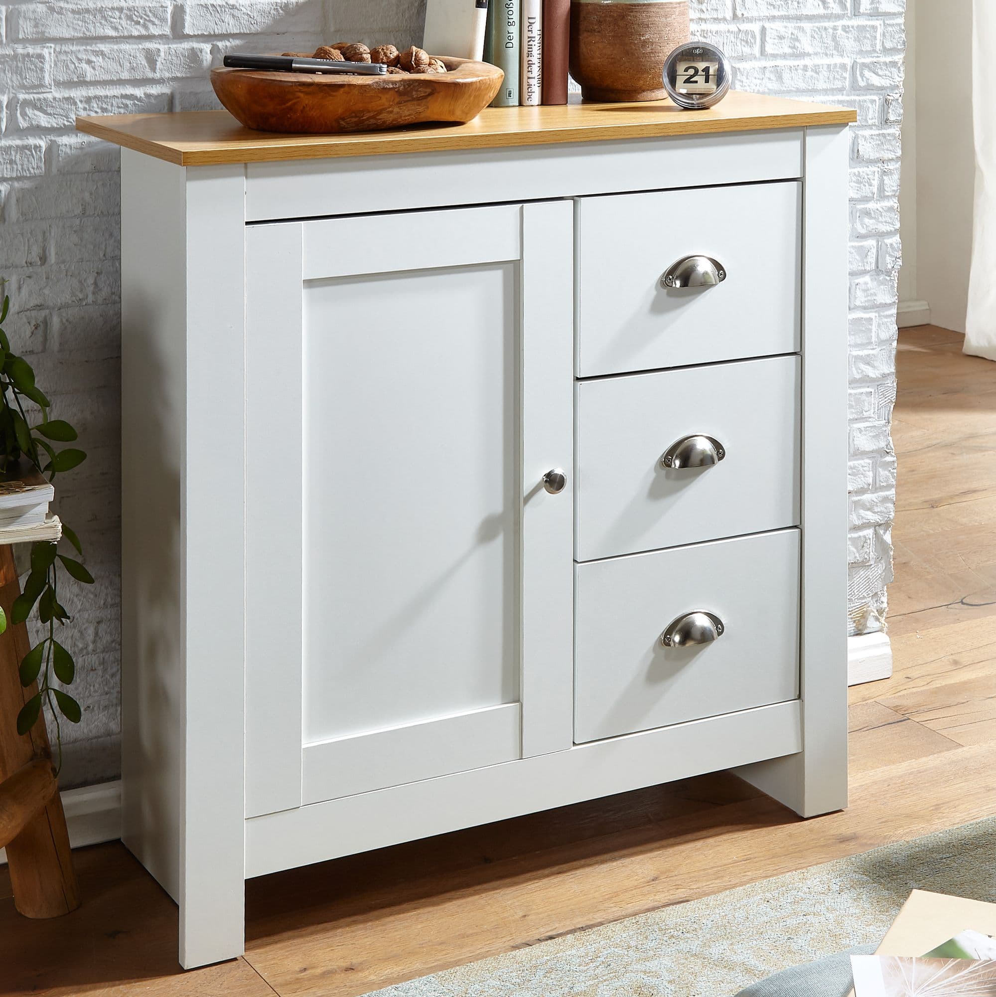 FineBuy Sideboard mit 3 Schubladen 79x81x35 cm Kommode Weiß / Eiche Modern, Design Anrichte Hoch mit Tür, Schubladenkommode Wohnzimmer