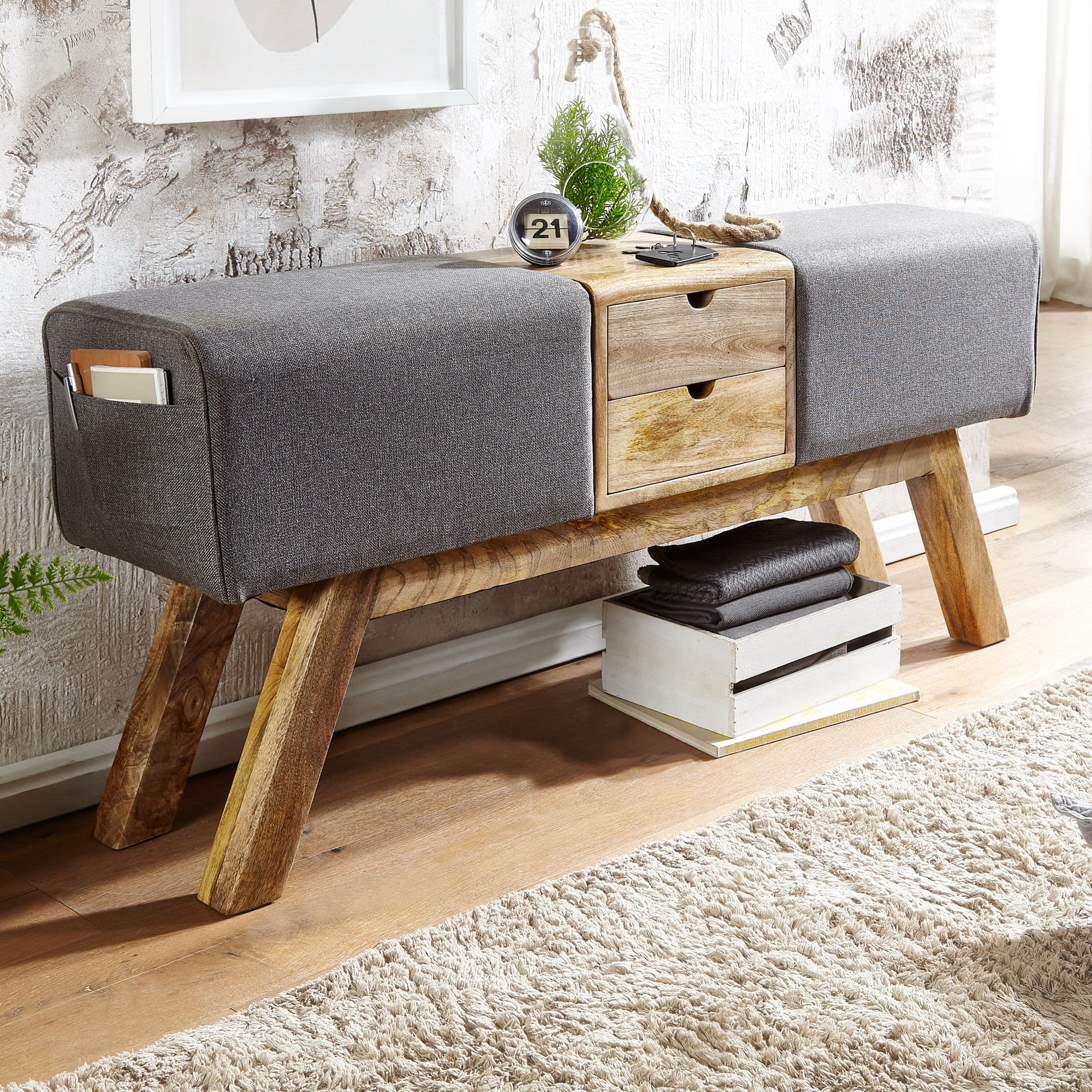 FineBuy Design Turnbock Sitzbank Grau mit Schubladen 120x56x30 cm, Turnhocker Bank aus Stoff mit Stauraum, Hocker Garderobenbank Sitzhocker Springbock Turnbank