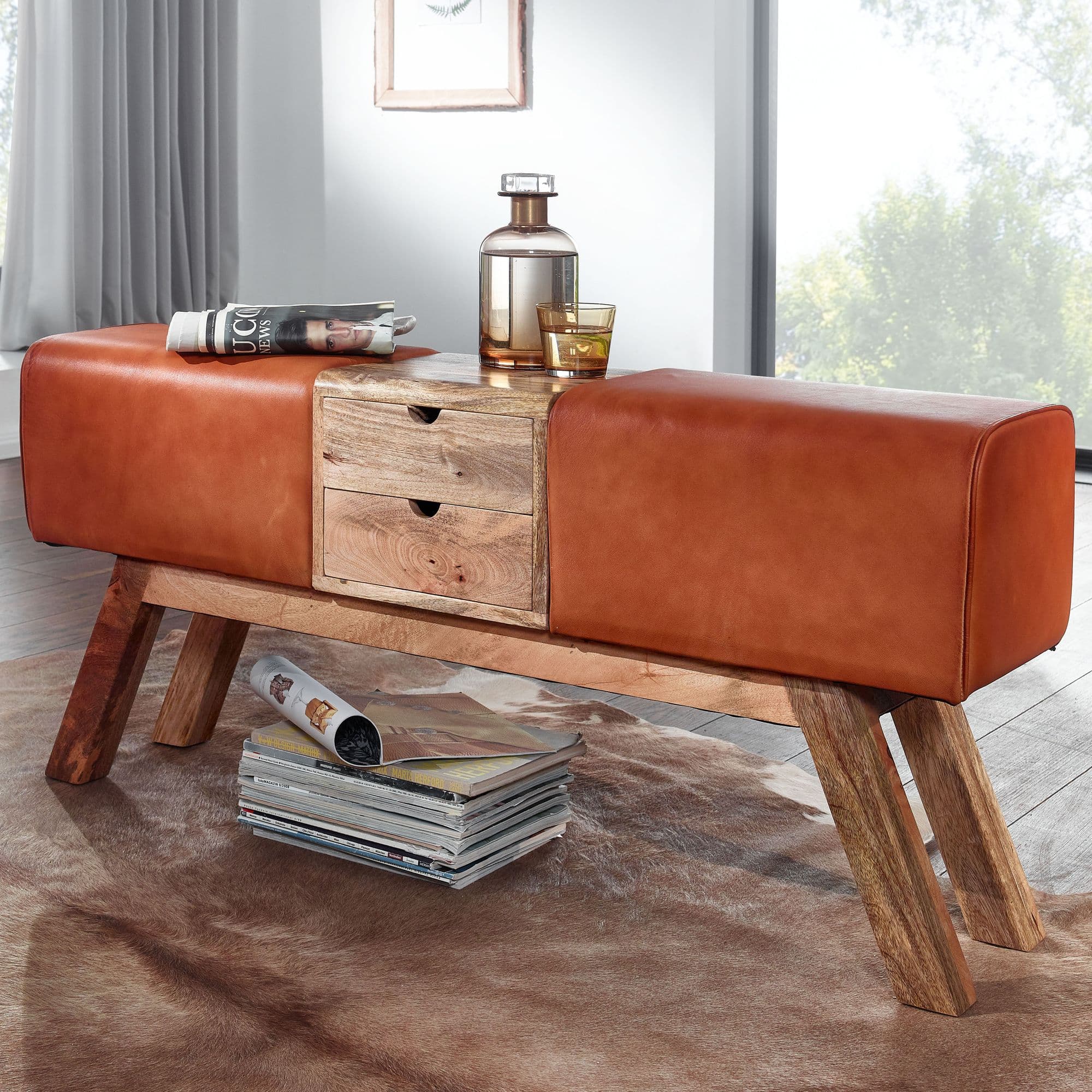 FineBuy Design Turnbock Sitzbank Braun mit Schubladen 120x56x30 cm, Turnhocker Bank aus Echtleder mit Stauraum, Hocker Garderobenbank Sitzhocker Springbock Turnbank