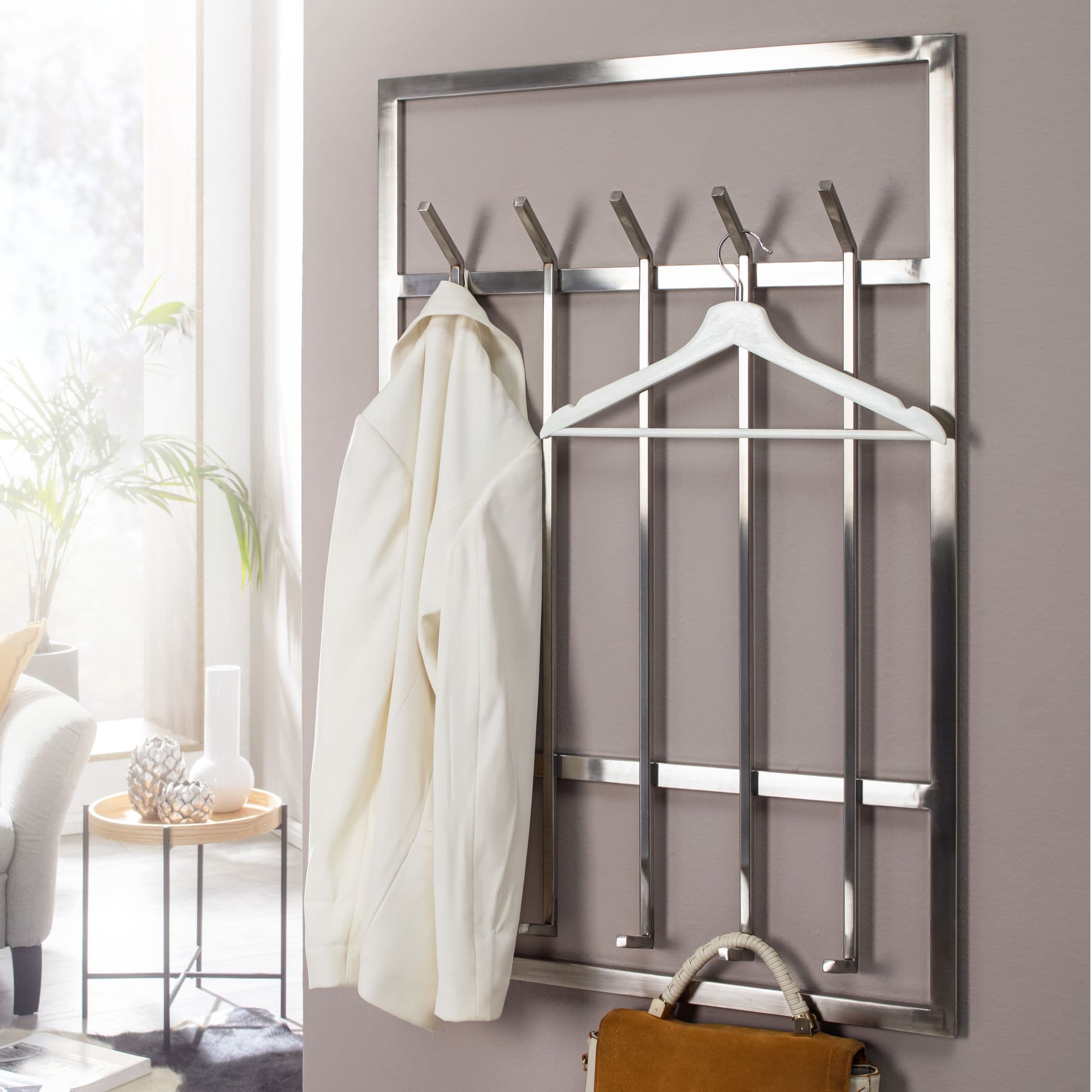 FineBuy Wandgarderobe Metall Silber 60 x 100 cm - Design Garderobenpaneel - Wand Garderobenleiste mit Hakenleiste - 10 Kleiderhaken