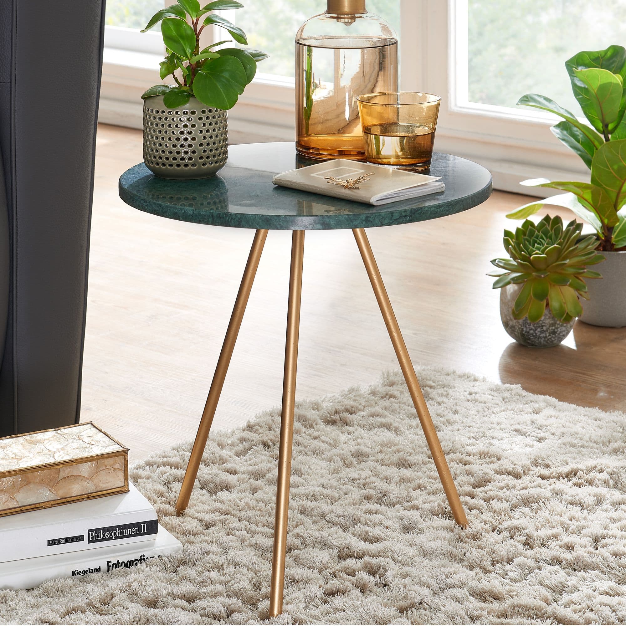 FineBuy Beistelltisch Echter Marmor Grün 38x38x44cm Anstelltisch Metall Gold, Kleiner Dreibein Sofatisch Rund, Wohnzimmertisch Couch Modern, Couchtisch Hoch