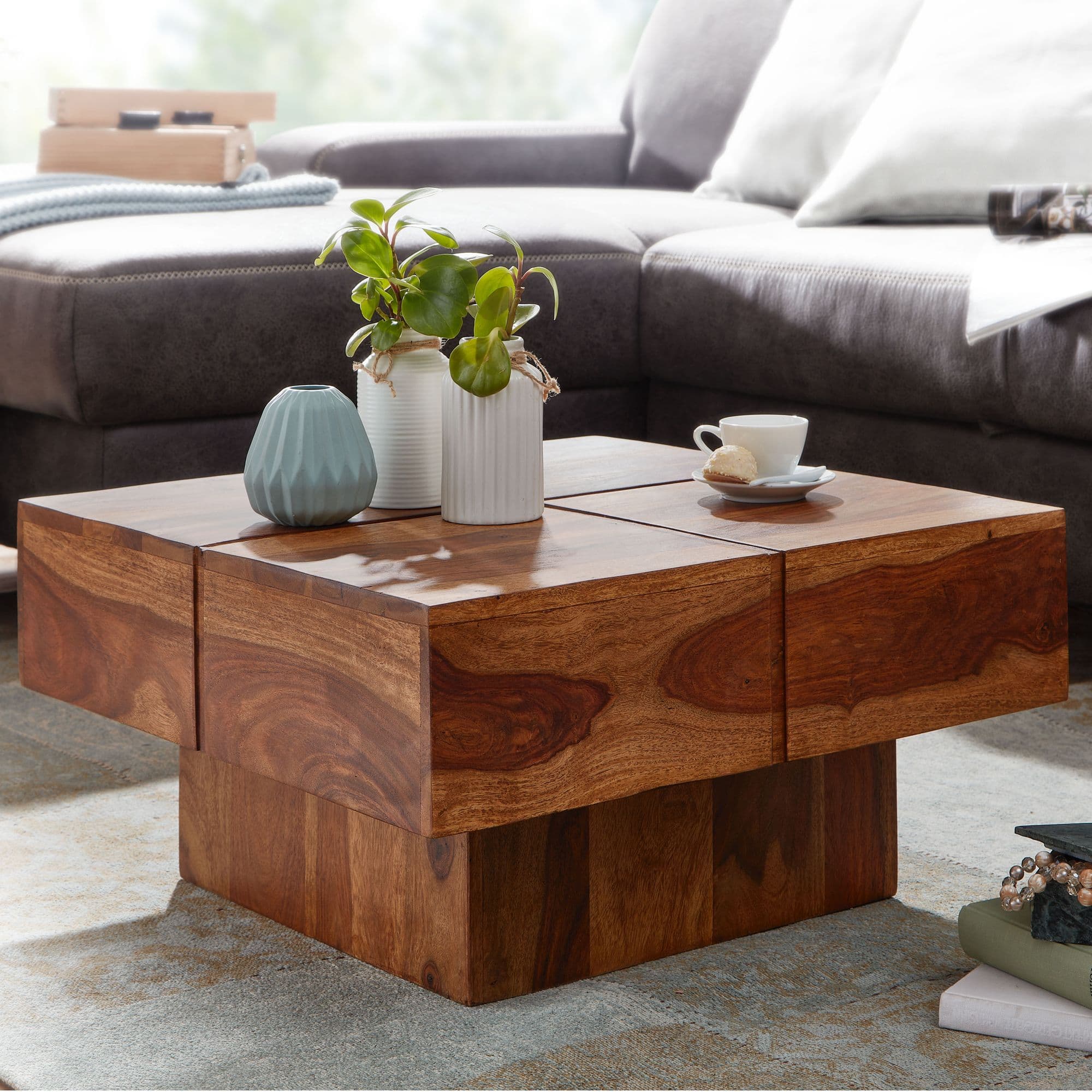 FineBuy Couchtisch 57,5x57,5x30 cm Sheesham Massivholz Sofatisch Quadratisch, Design Wohnzimmertisch Kaffeetisch Massiv, Kleiner Tisch Wohnzimmer Modern