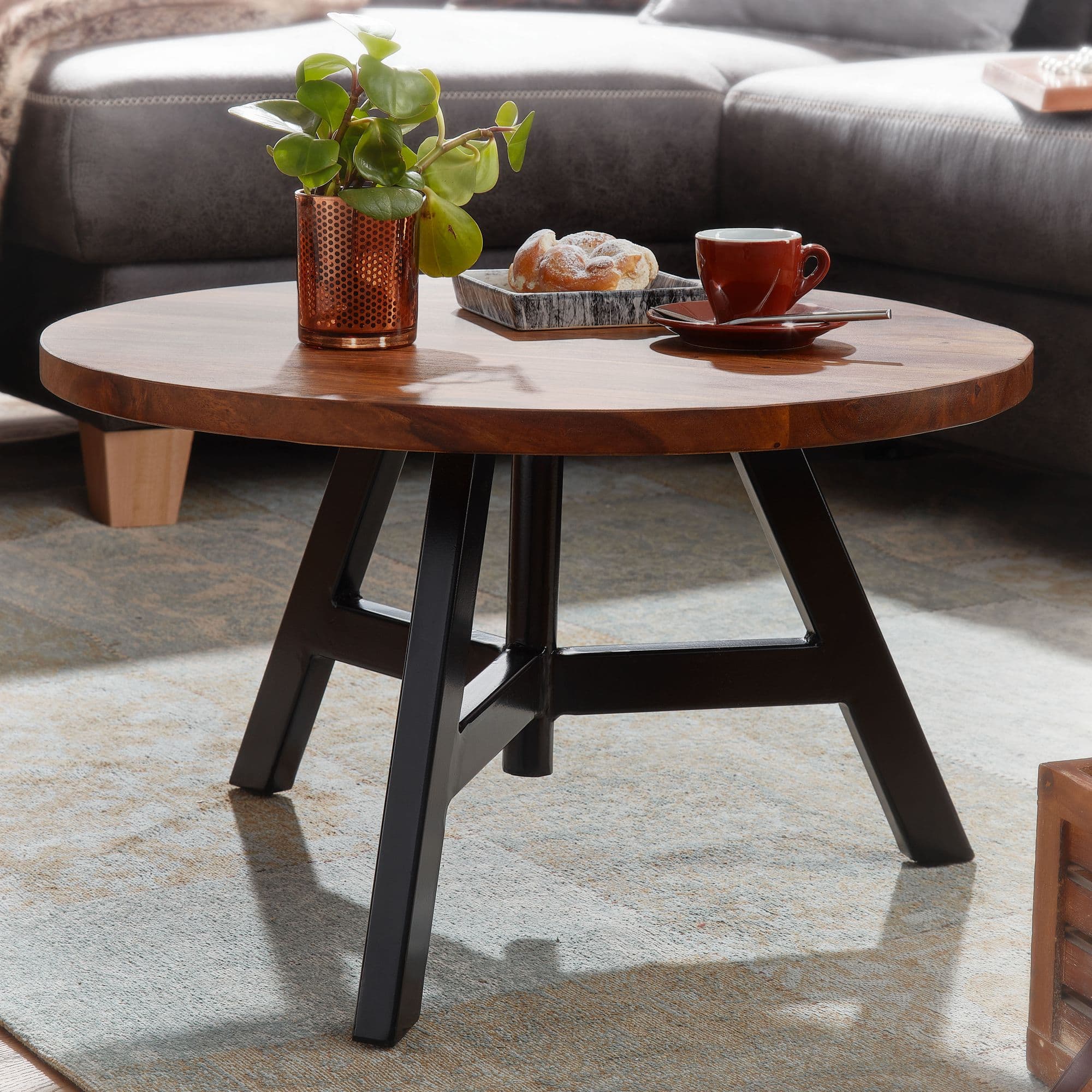 FineBuy Couchtisch Sheesham Massivholz rund Ø 60 cm | Wohnzimmertisch im Industrial Design mit stabilem Metallgestell | Handgefertigter Echtholz Tisch modern & edel