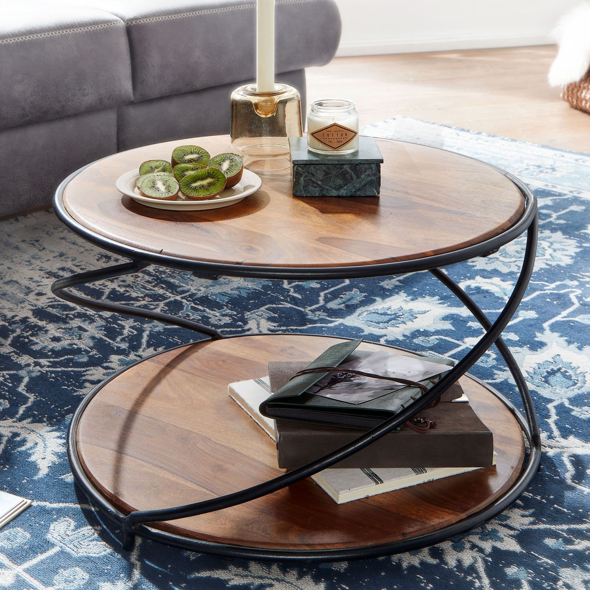 FineBuy Couchtisch Sheesham Massivholz rund Ø 58 cm – Wohnzimmertisch mit Ablage – Design Tisch aus Echtholz & Metall – Handgefertigter Massivholztisch modern industrial