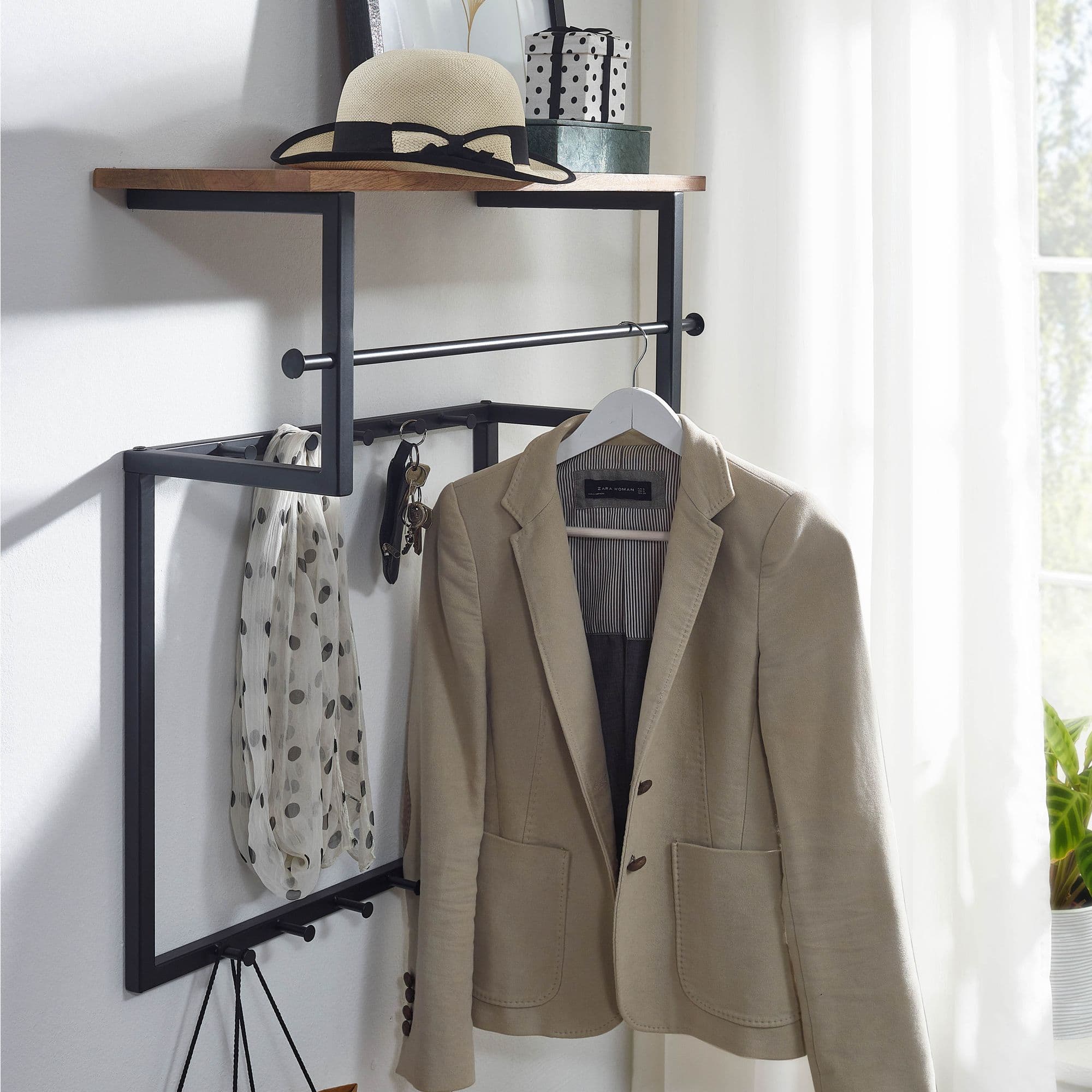 FineBuy Design Wandgarderobe Mango Massivholz Metall 60x76x26 cm, Hakenleiste mit Ablage und Kleiderstange, Flurgarderobe Garderobe Wand Holz
