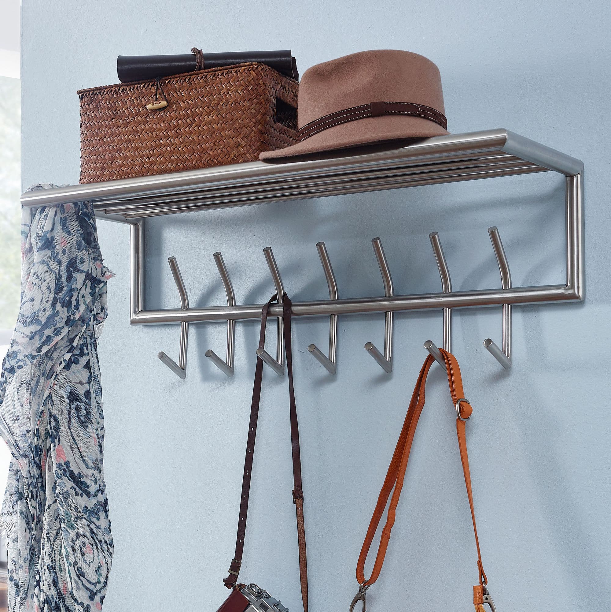 FineBuy Wandgarderobe Metall Silber 75 cm mit Ablage - Design Garderobenpaneel mit Hutablage - Wand Garderobenleiste mit Hakenleiste - 7 Kleiderhaken
