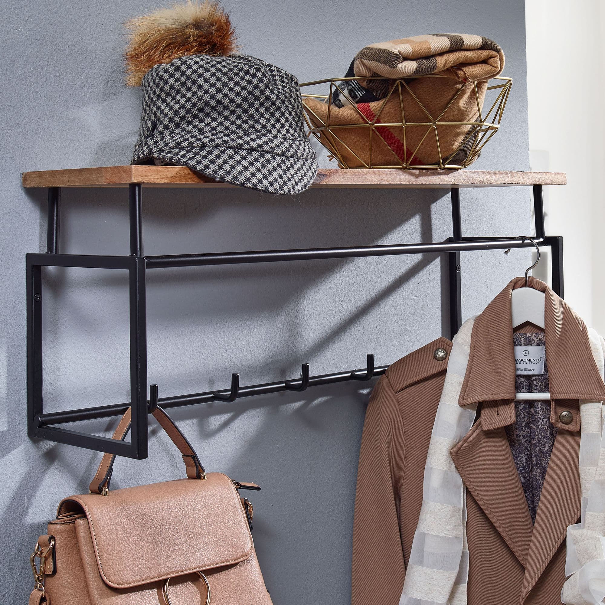 FineBuy Wandgarderobe Mango Massivholz 70 cm mit Ablage - Industrial Garderobenpaneel mit Hutablage - Wand Garderobenleiste Hakenleiste - 5 Metall Kleiderhaken & Kleiderstange