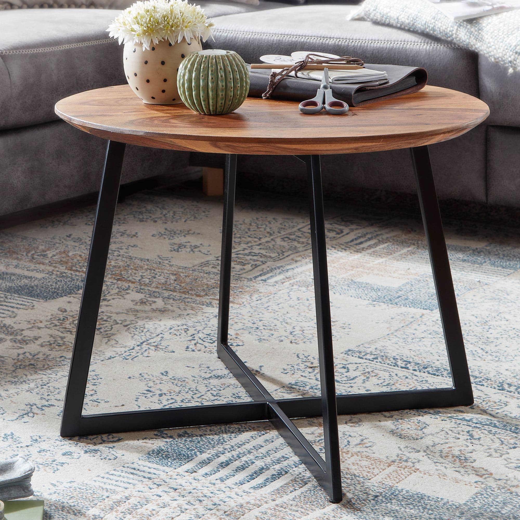FineBuy Couchtisch Sheesham Massivholz rund Ø 60 cm x 45 cm | Wohnzimmertisch Holz Natur mit Metallgestell | Design Tisch Handarbeit | Moderner Sofatisch aus Echtholz