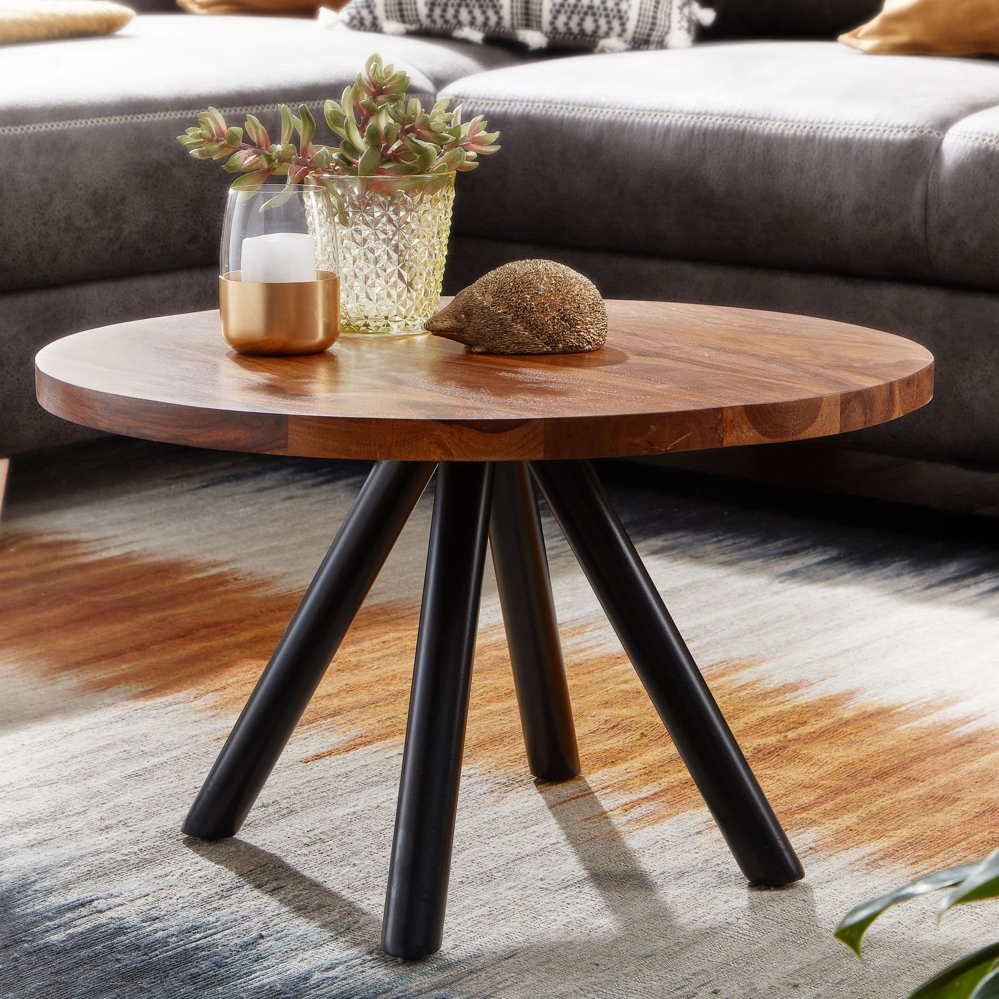 FineBuy Couchtisch Sheesham Massivholz rund Ø60 cm · Wohnzimmertisch mit stabilen Metallbeinen · Massivholztisch im modernen Industrial Design mit einzigartiger Holzmaserung