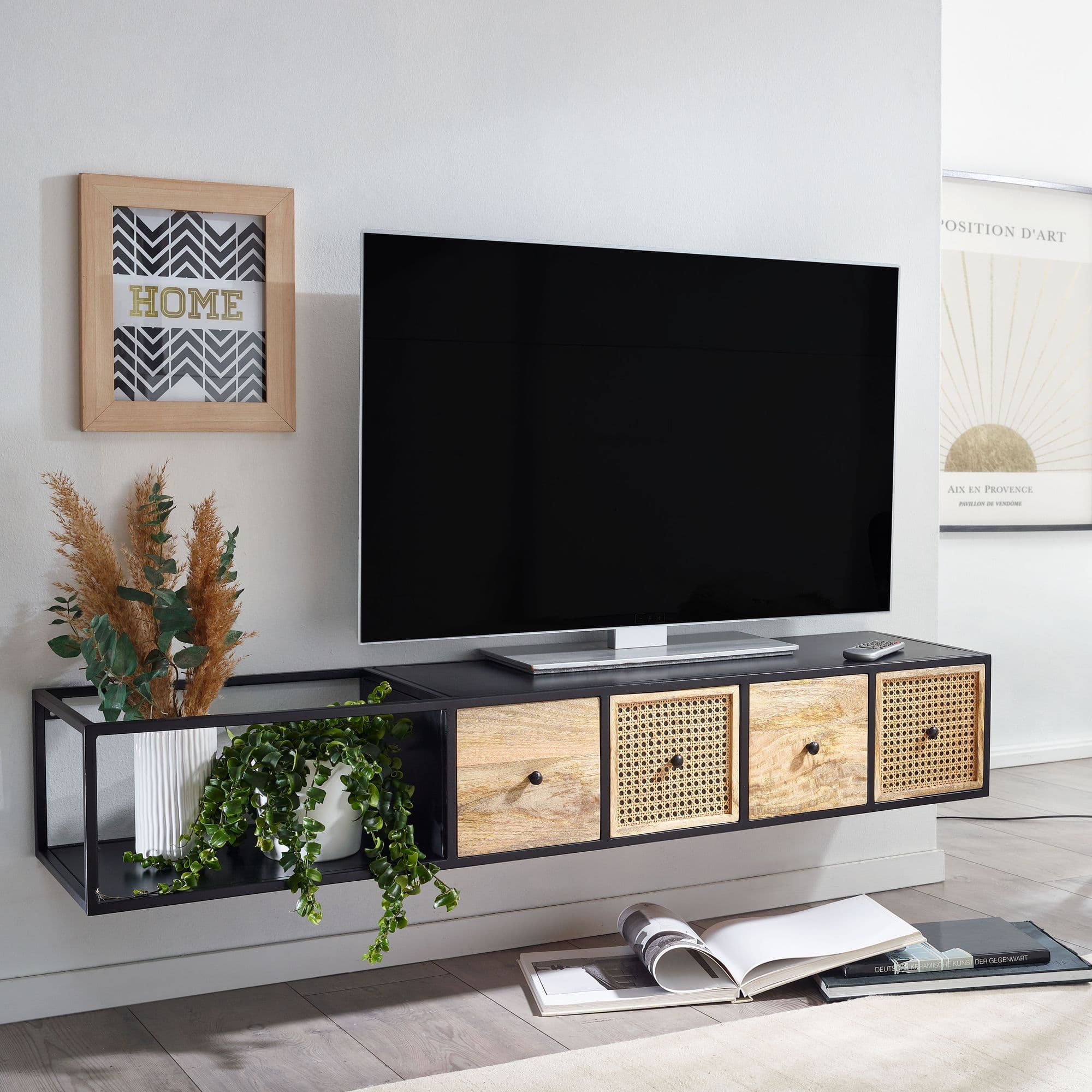 FineBuy Lowboard Hängend Mango Massivholz / Metall 150x25x35 cm TV-Schrank Schwarz, Design Fernsehtisch Wiener Geflecht Modern, Fernsehschrank Wand, TV-Kommode Fernsehkommode zum Aufhängen