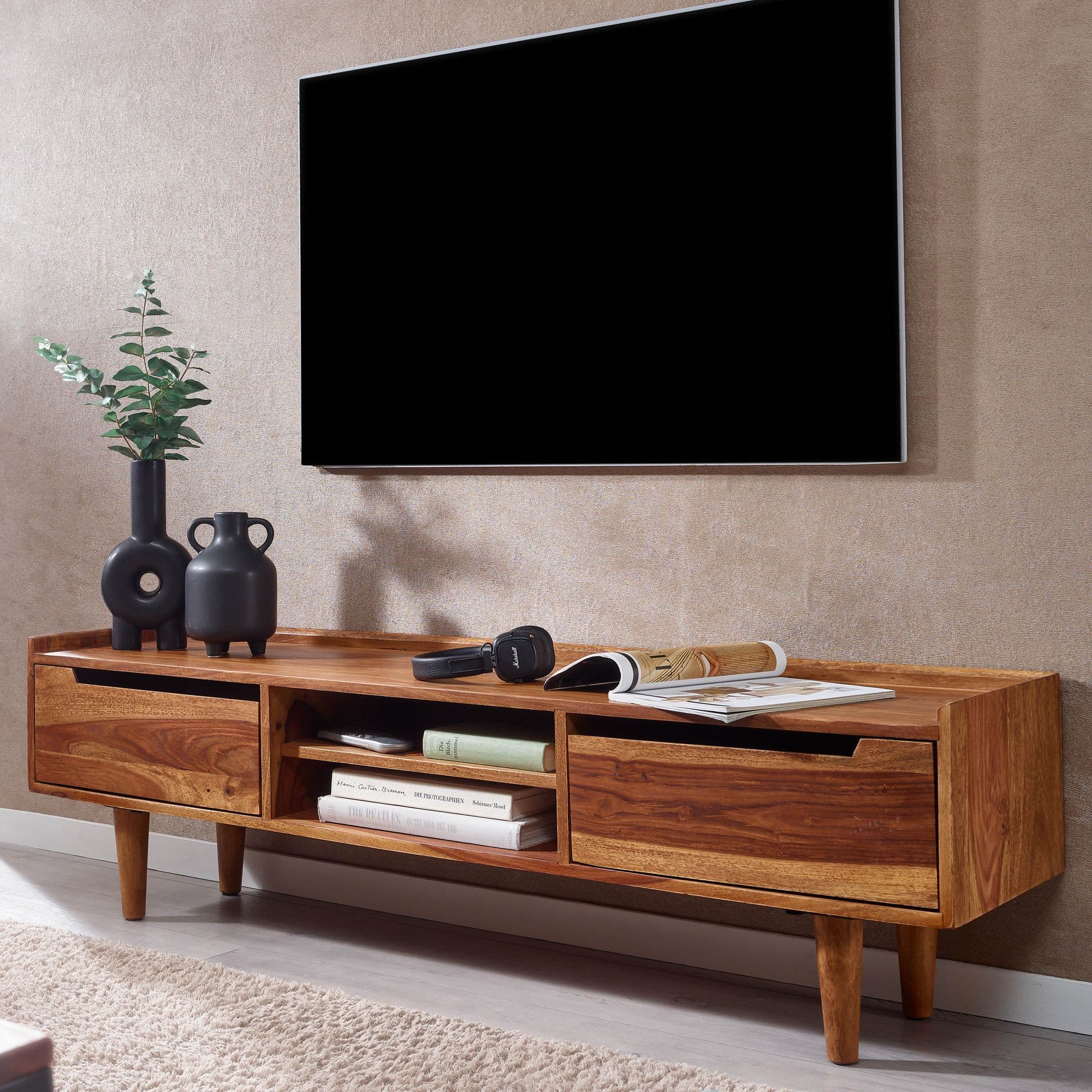 FineBuy Lowboard Sheesham Massivholz 145x43x35 cm TV-Kommode mit zwei Türen, Design TV-Schrank Hoch, Fernsehtisch Fernsehschrank Modern, Fernsehkommode Wohnzimmer
