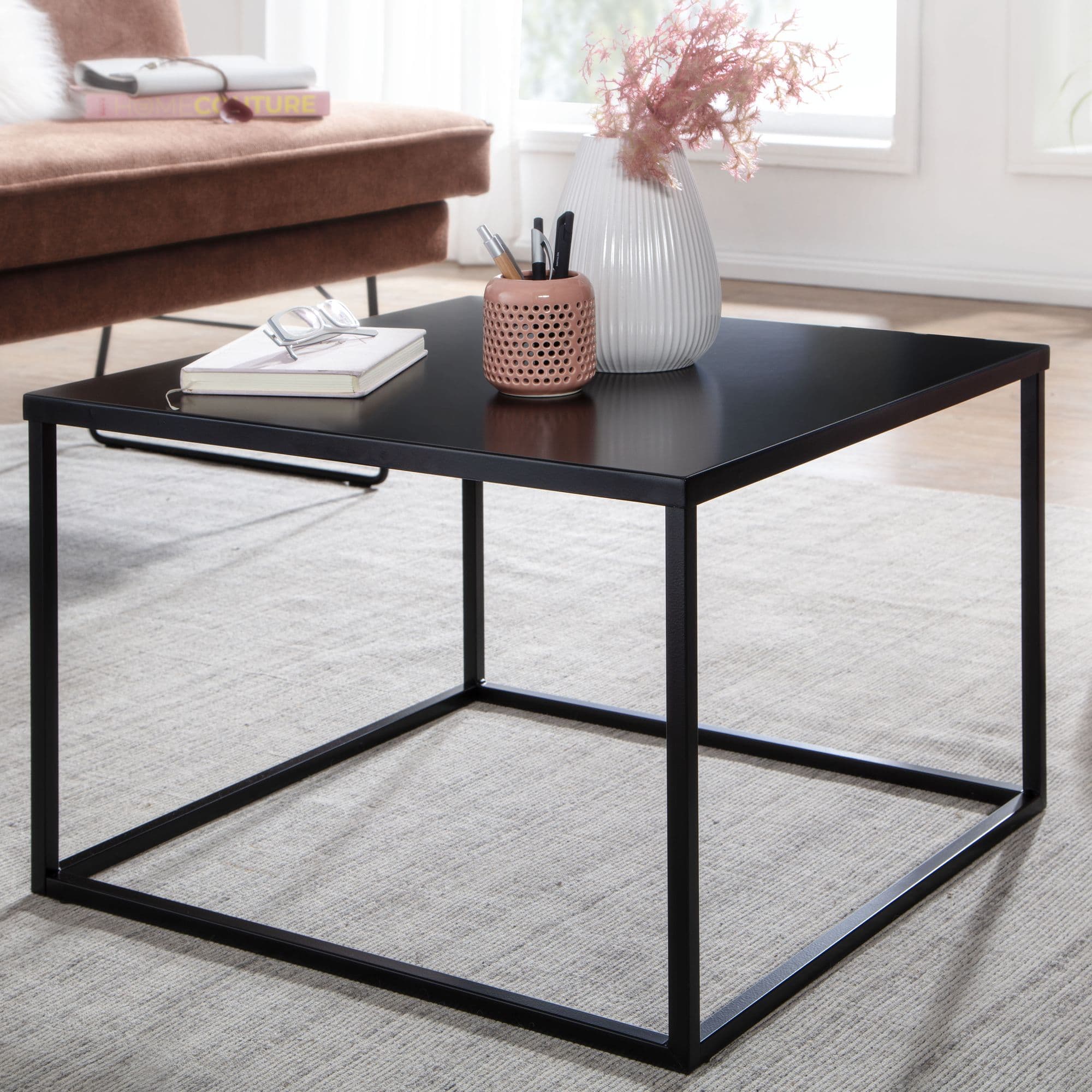 FineBuy Couchtisch 60 x 60 cm quadratisch Schwarz Metall - Industrial Alu Wohnzimmertisch - Skandinavisches Design Beistelltisch für Wohnzimmer Aluminium