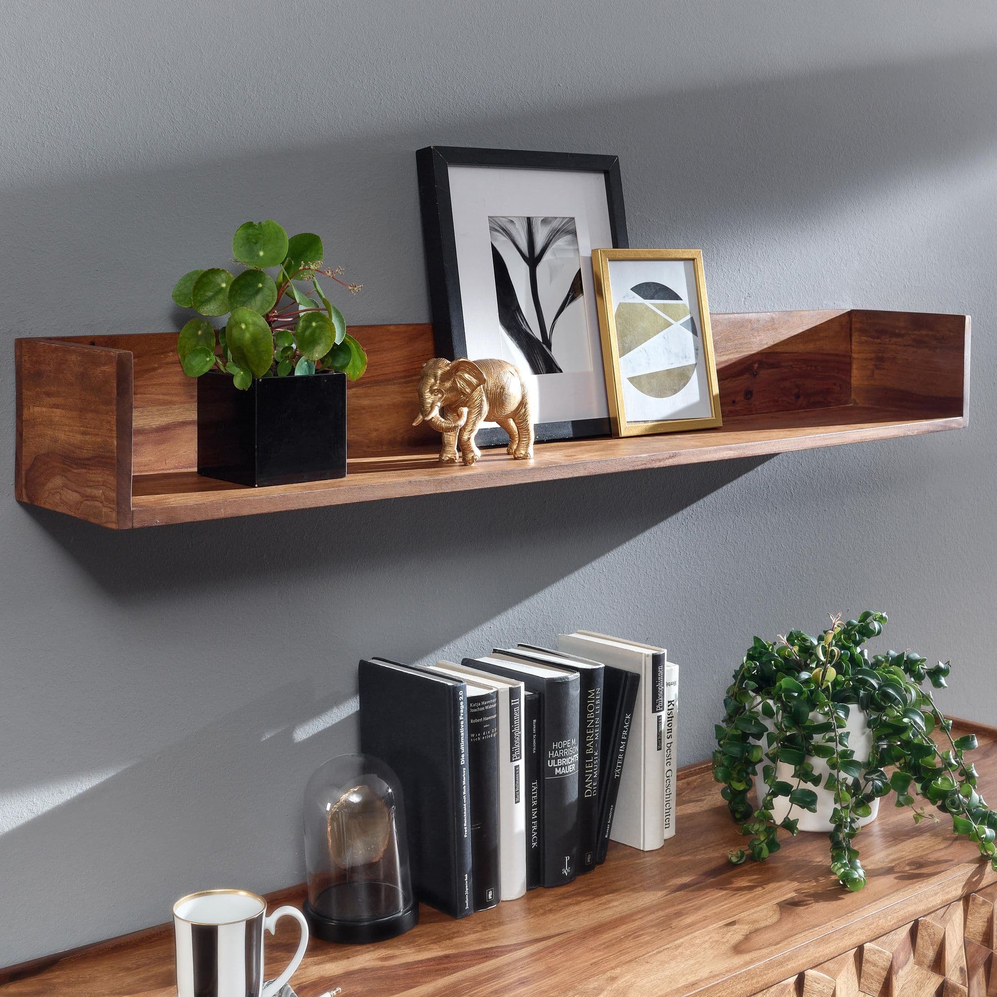 FineBuy Wandregal 120x15x20 cm Sheesham Massivholz Hängeregal Modern Schwebend, Großes Design Schweberegal, Regal Hängend Wohnzimmer, Bücherregal Wand