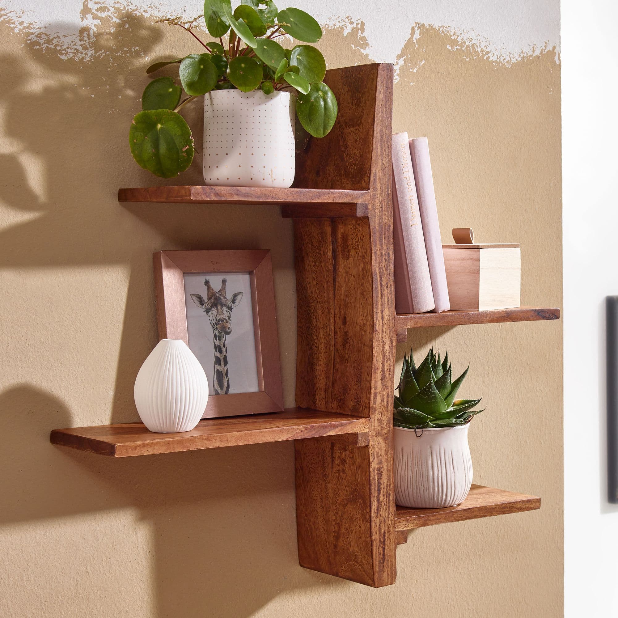 FineBuy Wandregal 58x60x15 cm Sheesham Massivholz Baum-Form Hängeregal Modern, Großes Design Schweberegal, Regal Hängend Wohnzimmer, Bücherregal Wand Schwebend
