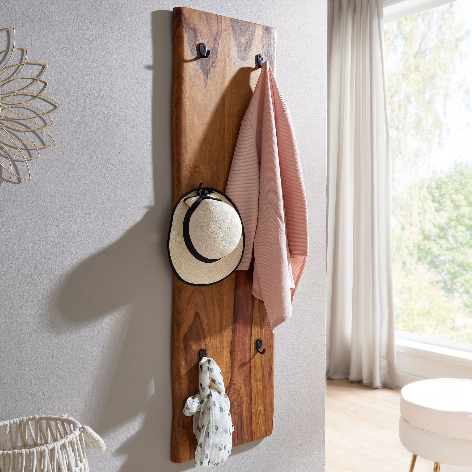 FineBuy Wandgarderobe Sheesham Massivholz 40 x 140 cm Baumkante - Garderobenpaneel massiv Holz - Wand Garderobenleiste Hakenleiste - 6 Kleiderhaken