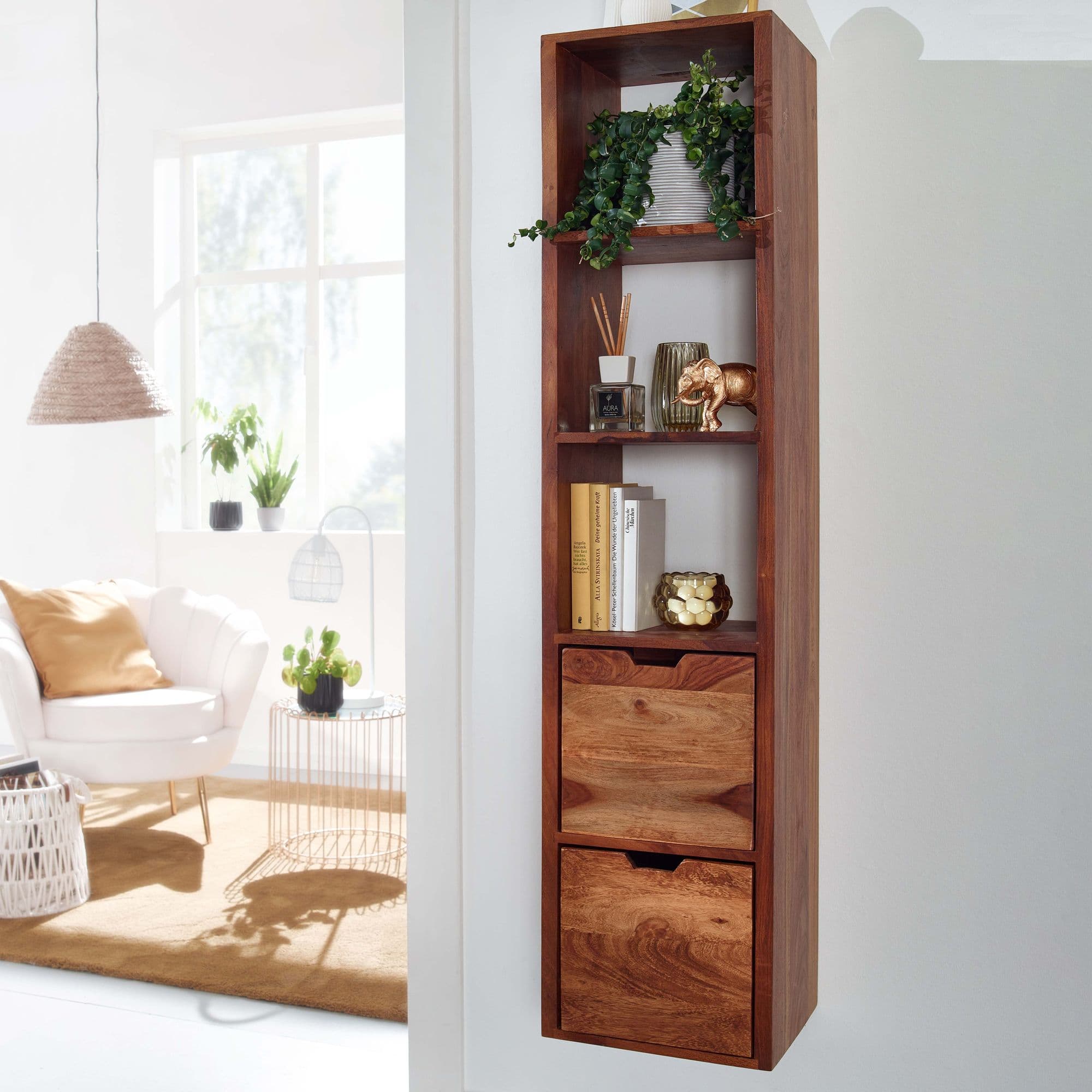 FineBuy Wandregal mit Schubladen 35x150x30 cm Sheesham Massivholz Hängeregal, Großes Design Schweberegal Modern, Regal Hängend Wohnzimmer, Bücherregal Wand Schwebend