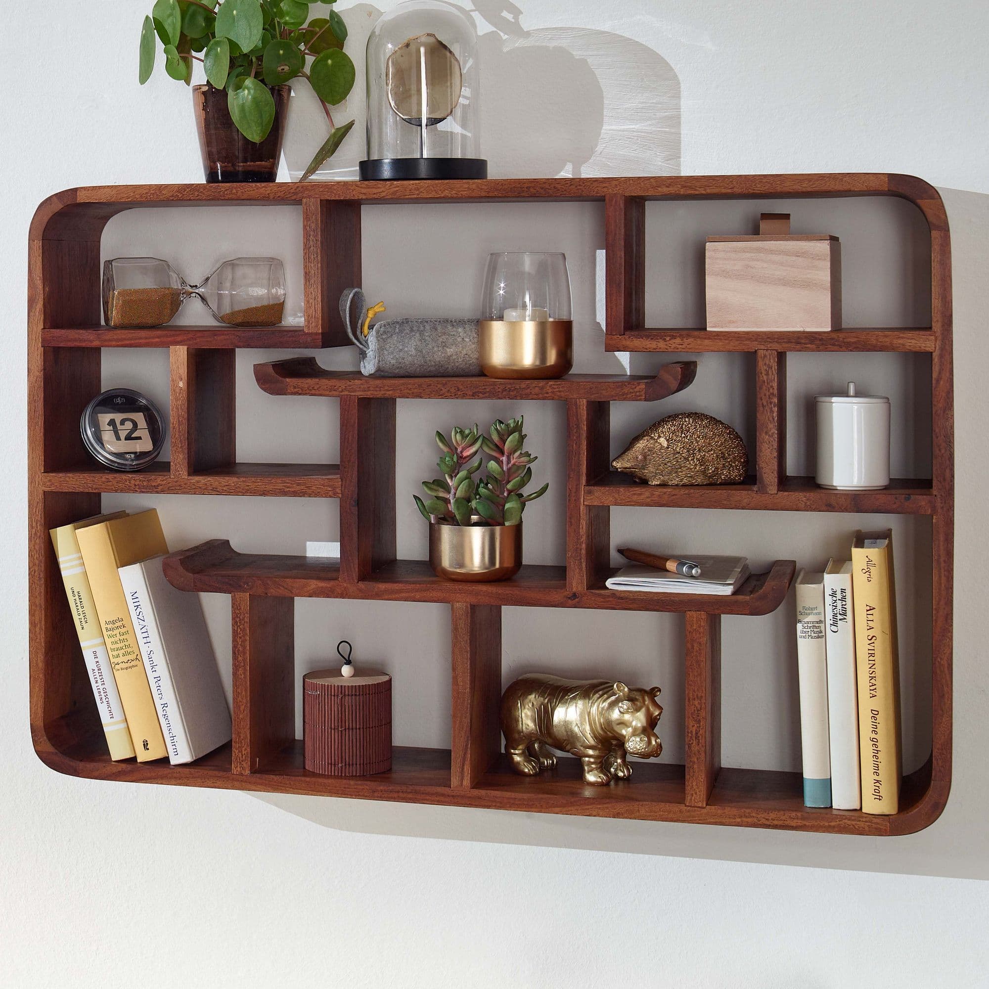 FineBuy Wandregal 80x55x15 cm Sheesham Massivholz Hängeregal Modern Schwebend, Großes Design Schweberegal, Regal Hängend Wohnzimmer, Bücherregal Wand