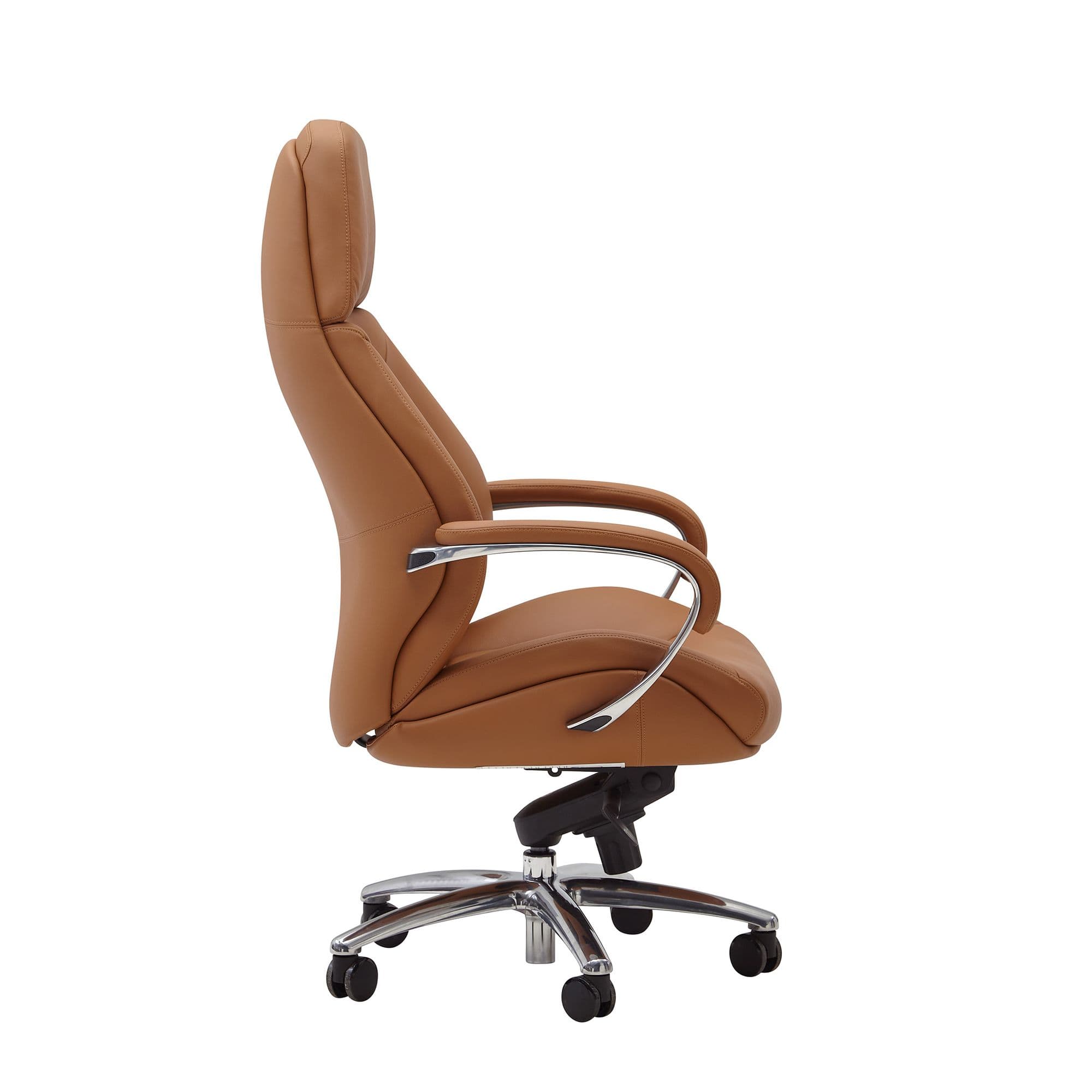 FineBuy Design Bürostuhl Bezug Echtleder Caramel Schreibtischstuhl bis 120 kg, XXL Design Chefsessel höhenverstellbar, Drehstuhl ergonomisch mit Armlehnen & hoher Rückenlehne, Wippfunktion