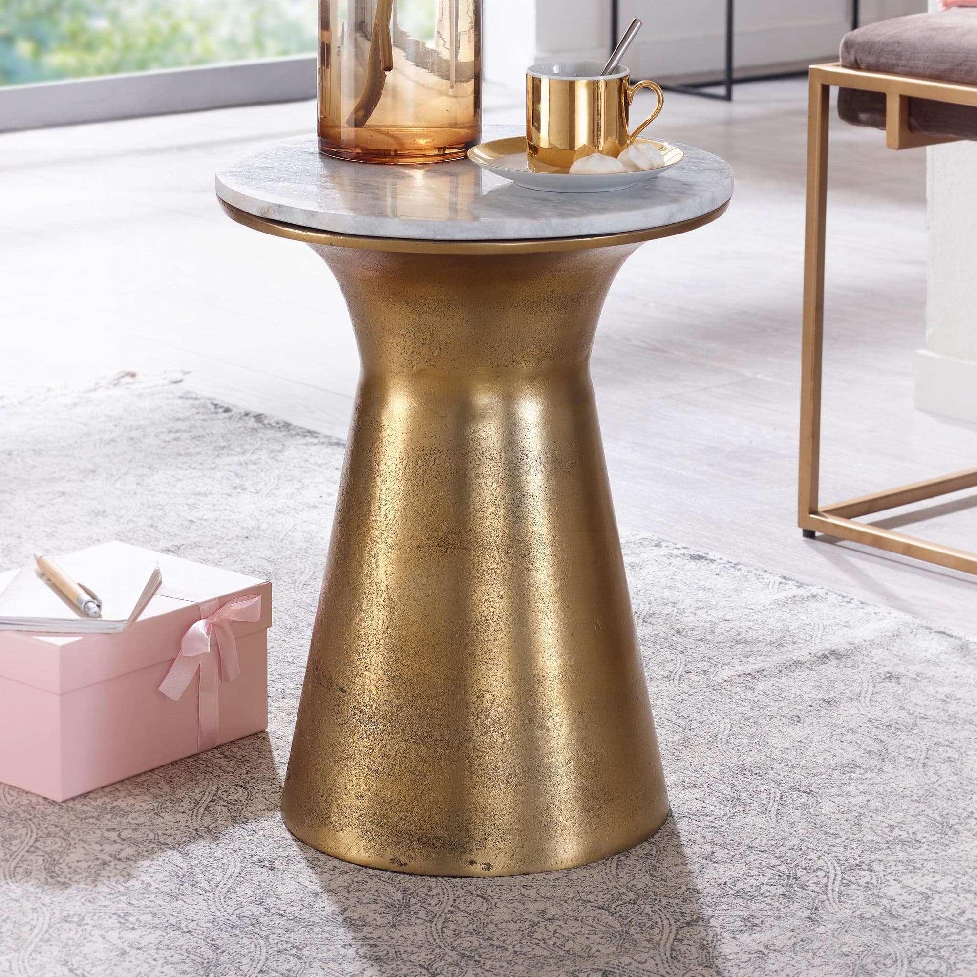 FineBuy Beistelltisch Echter Marmor Weiß 35x35x45 cm Anstelltisch Metall Gold, Kleiner Sofatisch Rund, Wohnzimmertisch Couch Modern, Couchtisch Hoch
