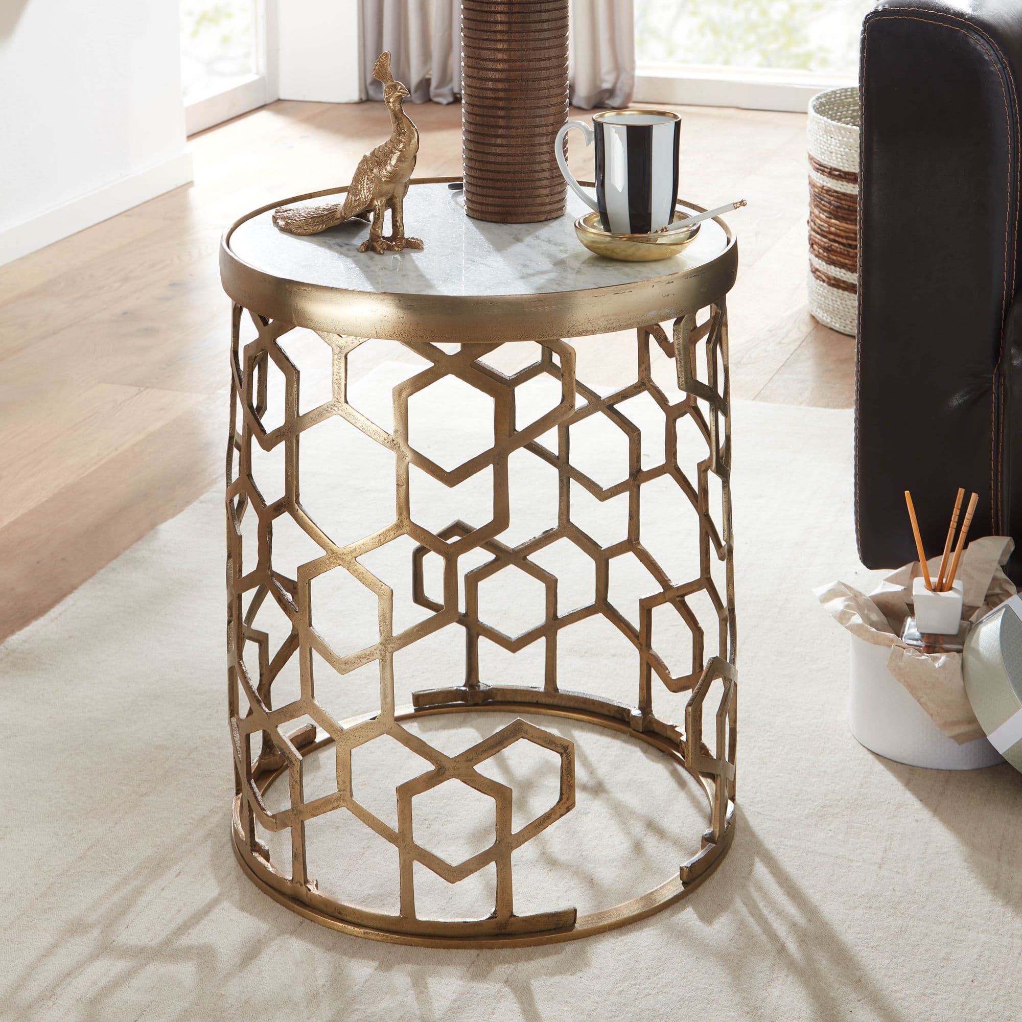 FineBuy Beistelltisch Echter Marmor Weiß 44x44x55 cm Anstelltisch Metall Gold, Kleiner Sofatisch Rund, Wohnzimmertisch Couch Modern, Couchtisch Hoch