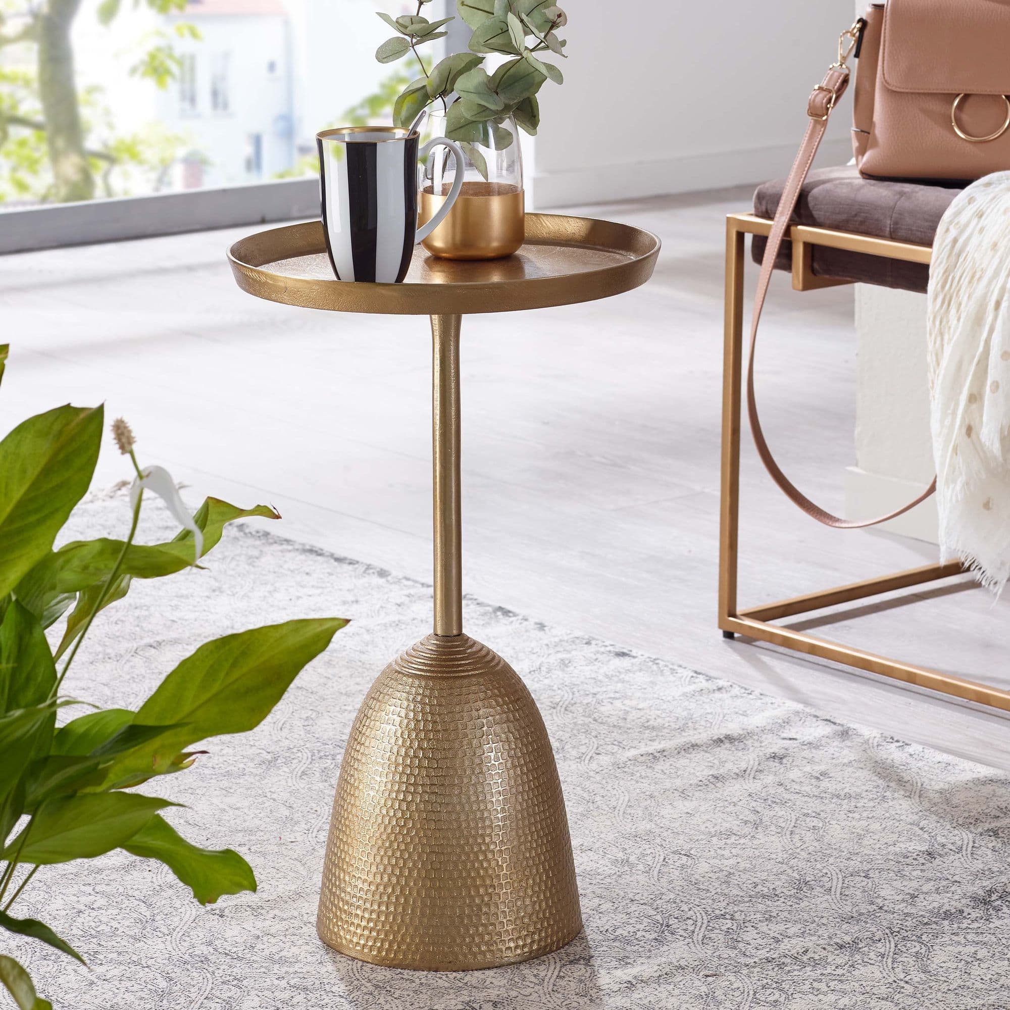 FineBuy Orientalischer Beistelltisch rund Ø 33cm Metall gold - kleiner Design Wohnzimmertisch Aluminium - Alu Couchtisch - Sofatisch - Anstelltisch