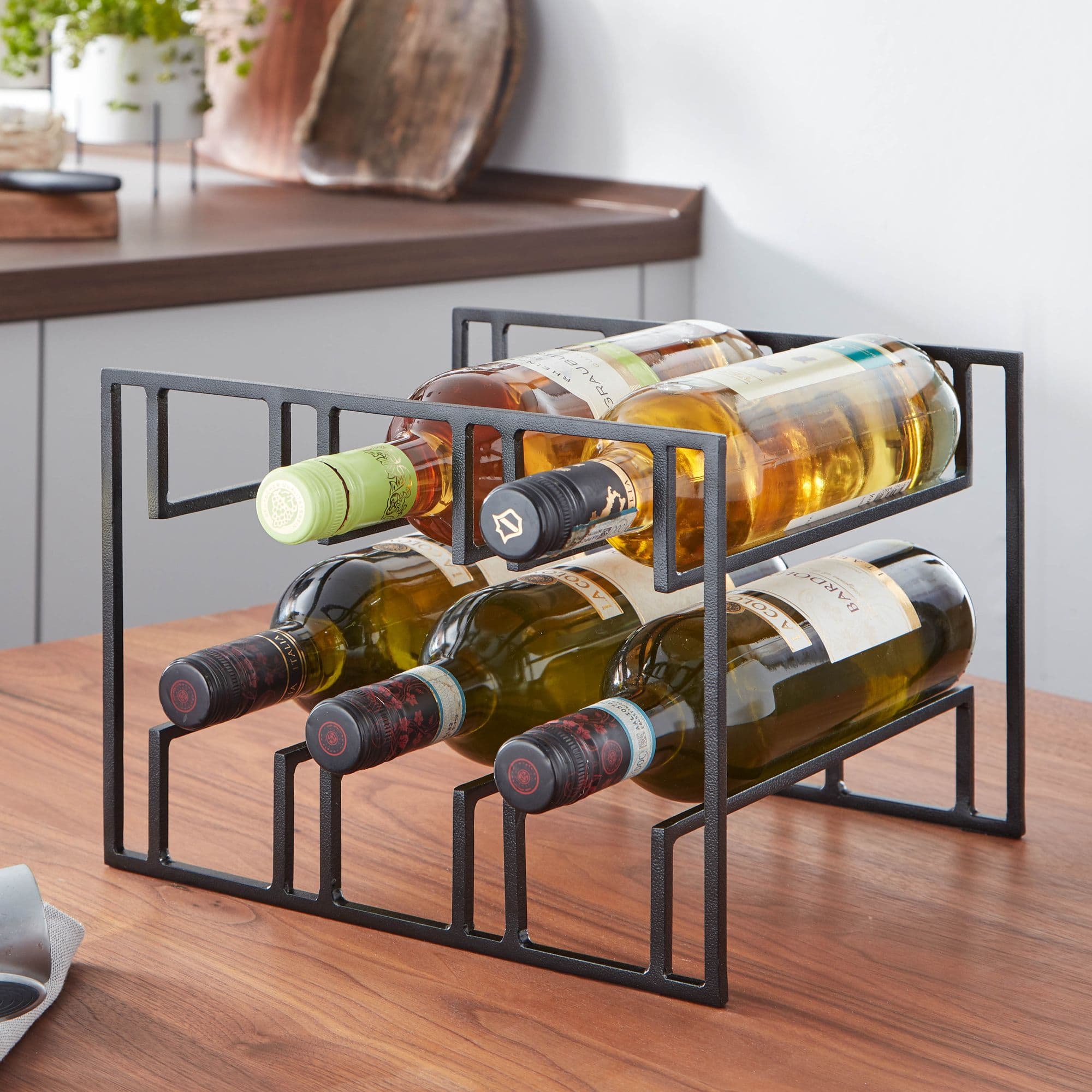 FineBuy Weinflaschenhalter für 6 Flaschen 29x21x25 cm Weinregal Schwarz Metall, Flaschenhalter Eisen Modern, Weinständer Weinhalter Tisch Küche