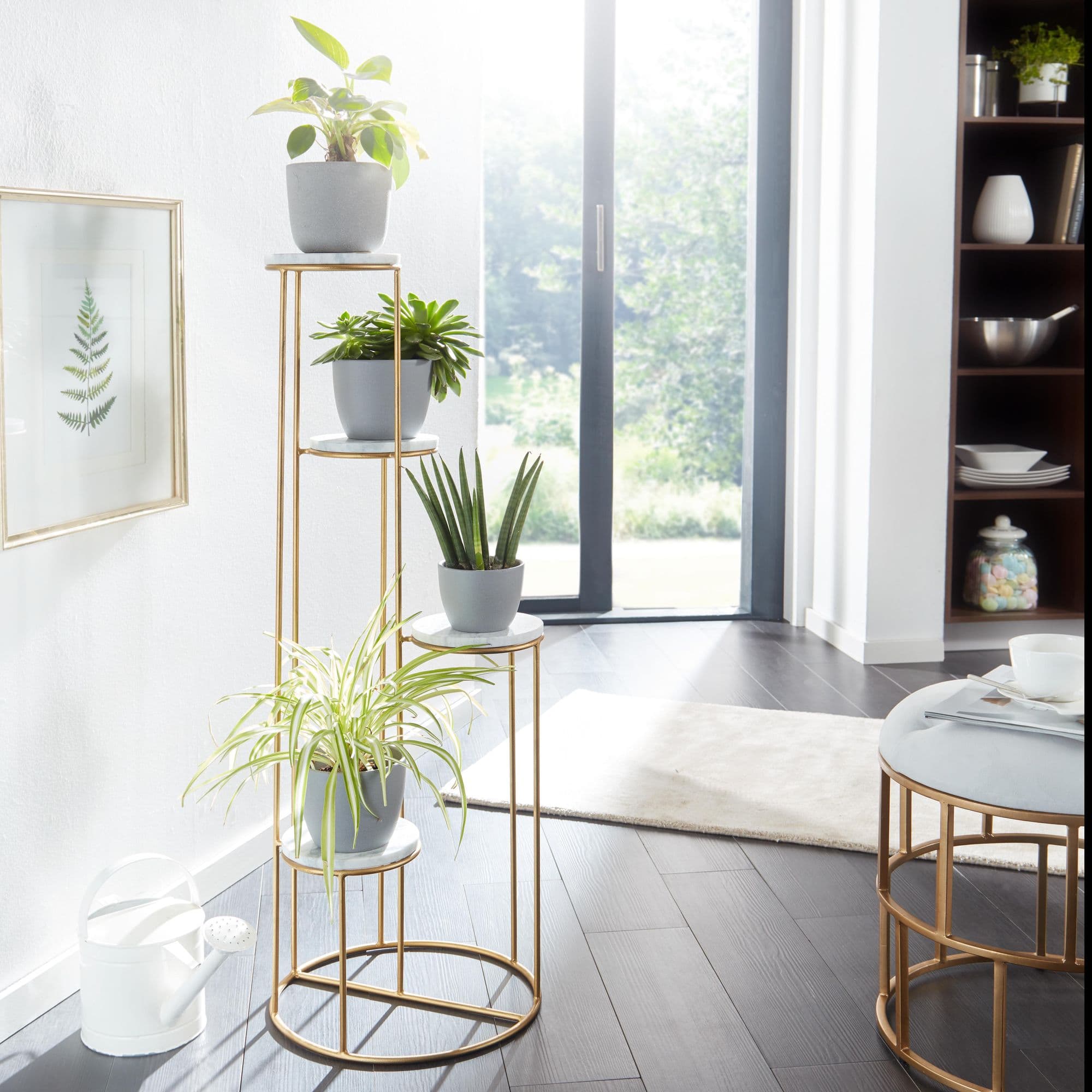 FineBuy Blumenständer Echter Marmor Weiß 36,5x107,5x36,5 cm Pflanzenständer Stehend Gold, Blumenhocker Wohnzimmer Freistehend mit 4 Ablagen, Pflanzenregal Blumenregal Groß Modern