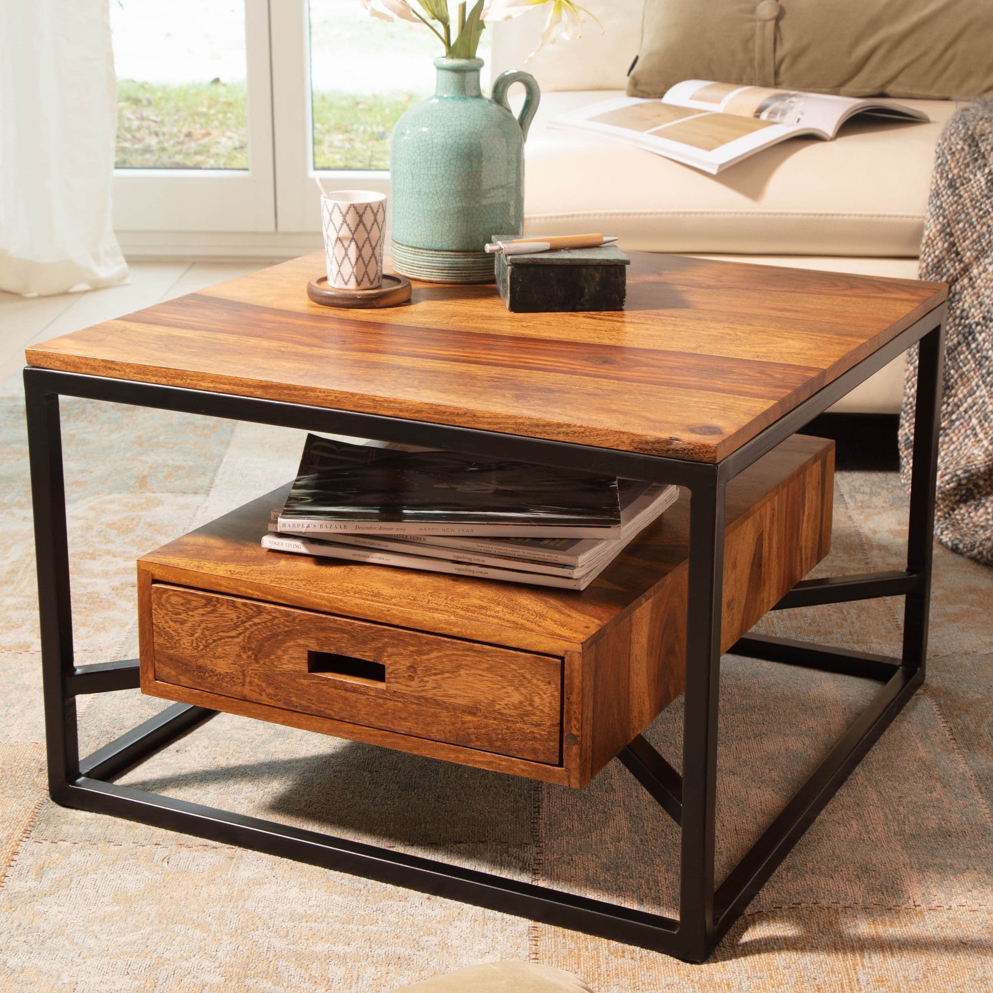 FineBuy Couchtisch 60x60x40 cm Sheesham Massivholz / Metall Sofatisch Quadratisch, Design Wohnzimmertisch Kaffeetisch Massiv mit Schublade, Kleiner Tisch Beistelltisch Wohnzimmer Modern