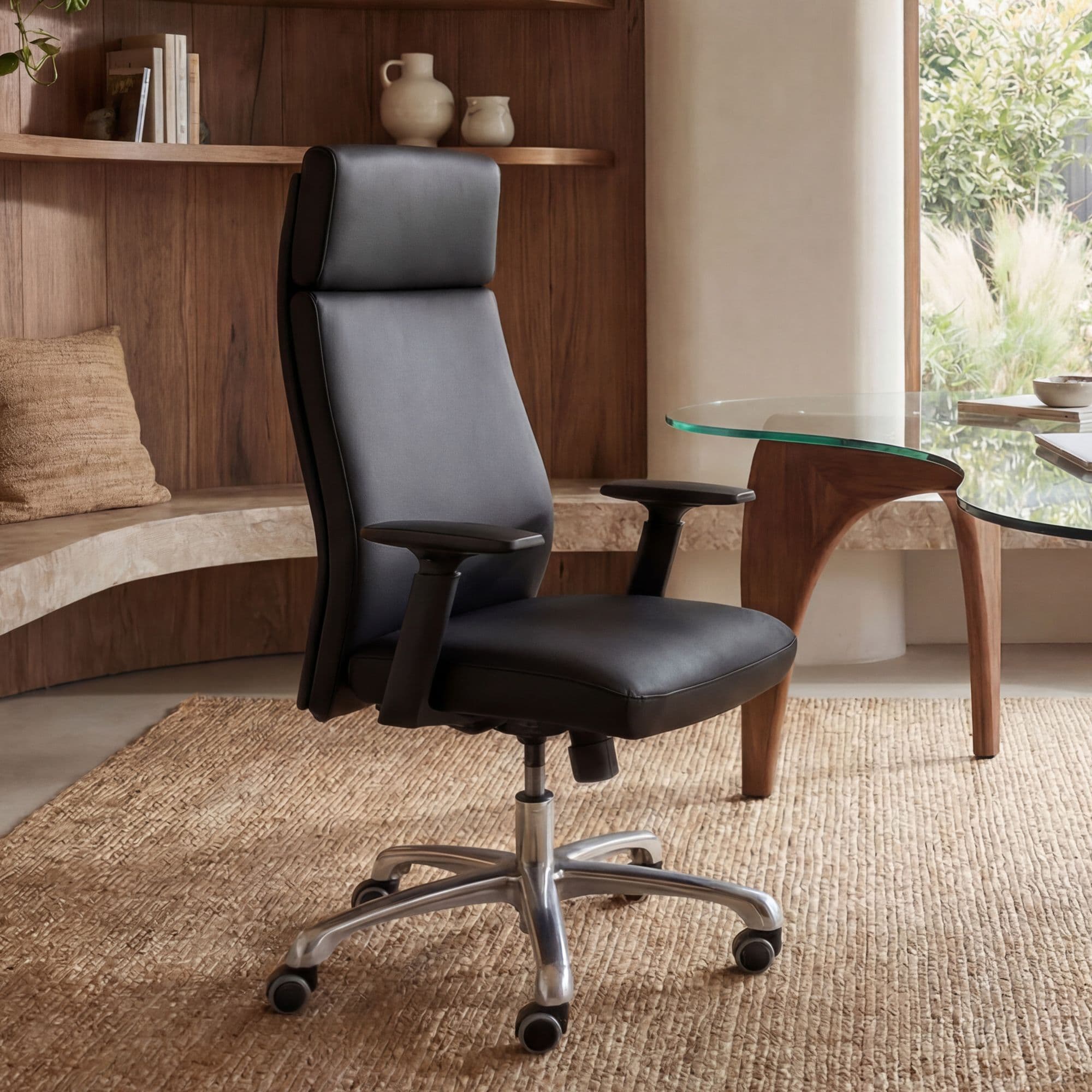 FineBuy Bürostuhl PORTO Echt-Leder Schwarz ergonomisch mit Kopfstütze, Design Chefsessel Schreibtischstuhl ergonomisch mit Wippfunktion, Drehstuhl mit Armlehnen X-XL 120 kg