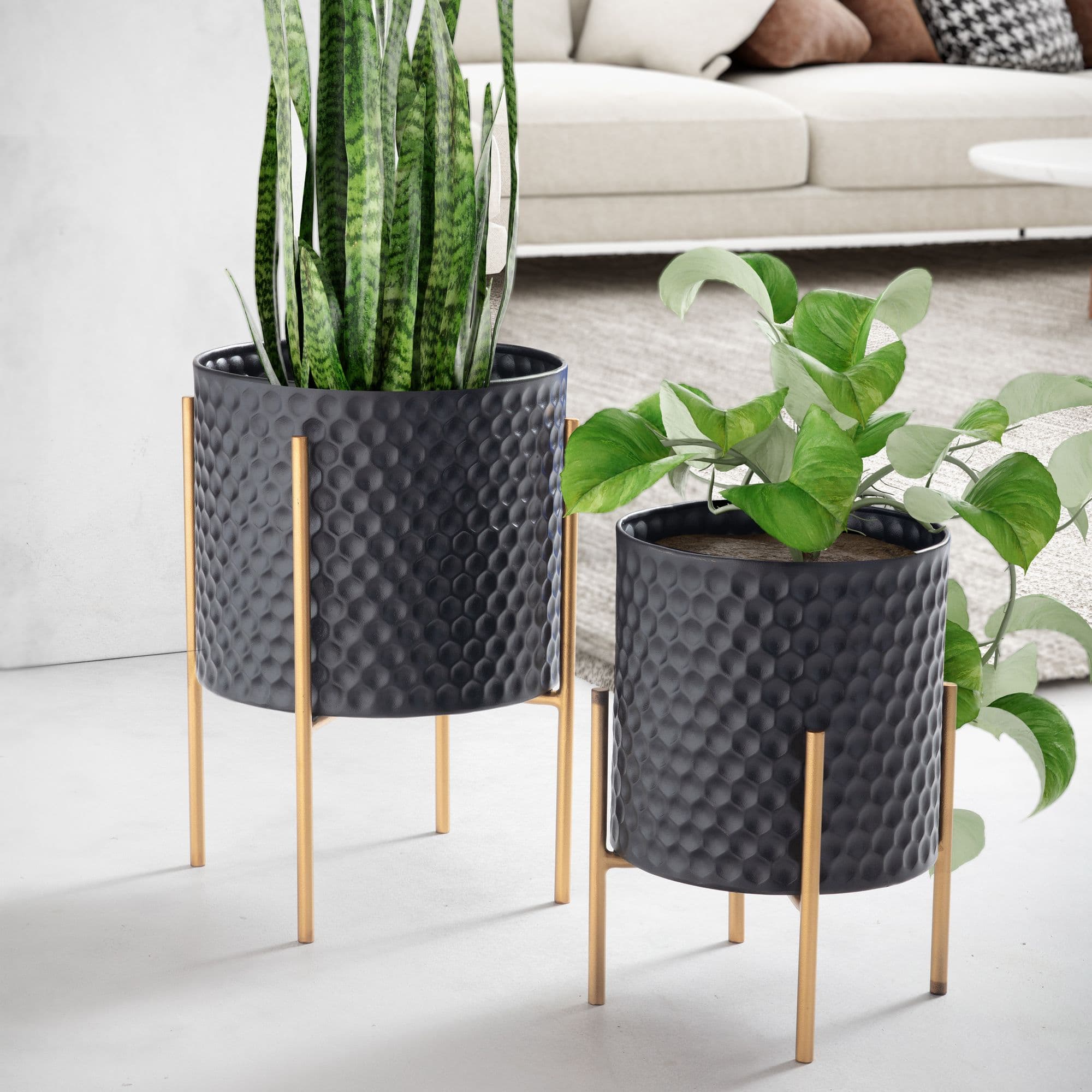 FineBuy Blumentopf 2er Set Metall Pflanzkübel Schwarz / Gold mit Füßen, Design Pflanzenkübel Rund Indoor, Blumenkübel Pflanzgefäß mit Waben-Muster in 3D