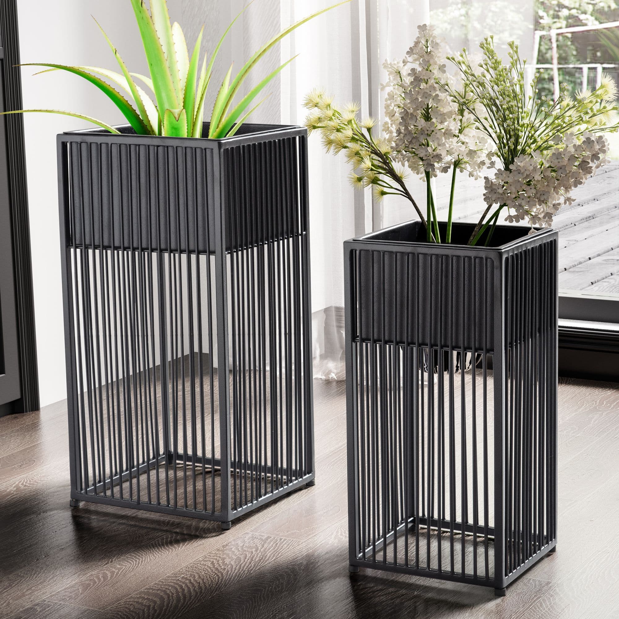 FineBuy Blumentopf 2er Set Metall Pflanzkübel Schwarz mit Gestell, Design Pflanzenkübel Quadratisch, Blumenkübel Pflanzgefäß Indoor