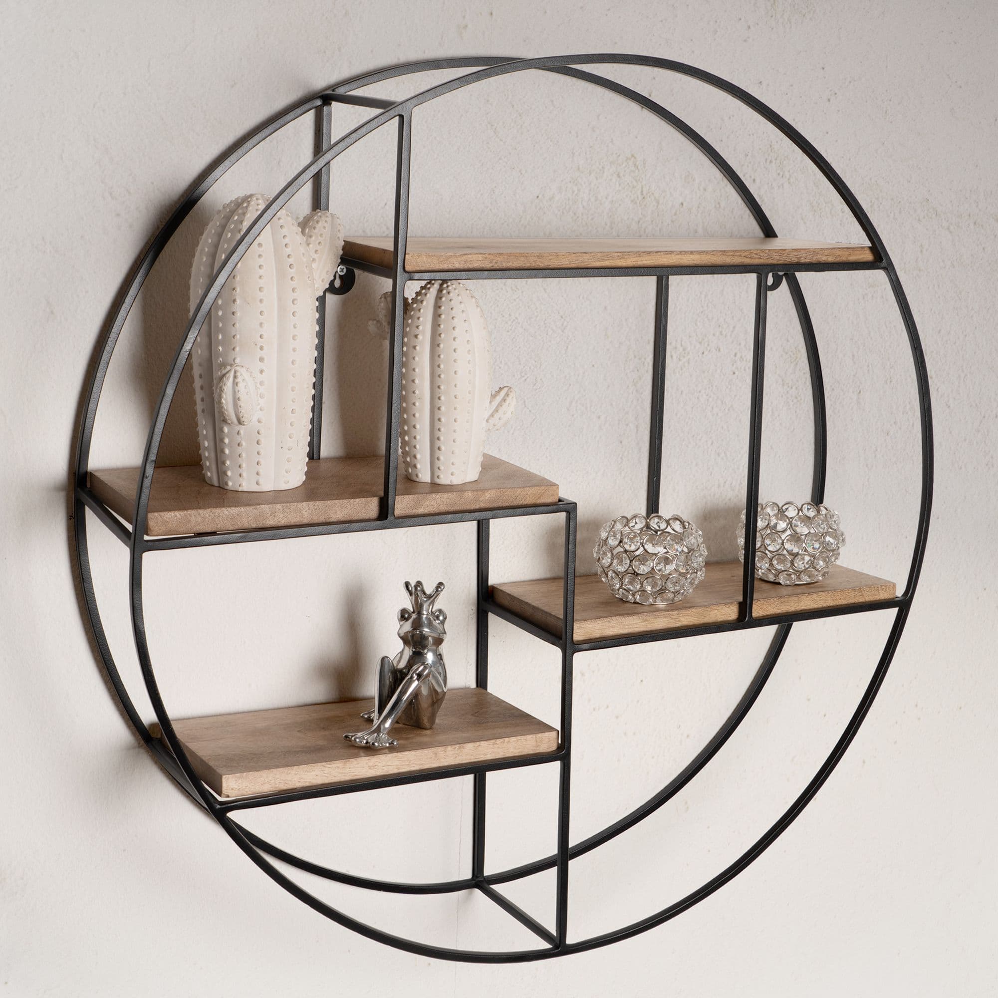 FineBuy Wandregal 70x70x18 cm Mango Massivholz / Metall Hängeregal Rund, Kleines Design Schweberegal Industrial, Regal Hängend Wohnzimmer, Bücherregal Wand