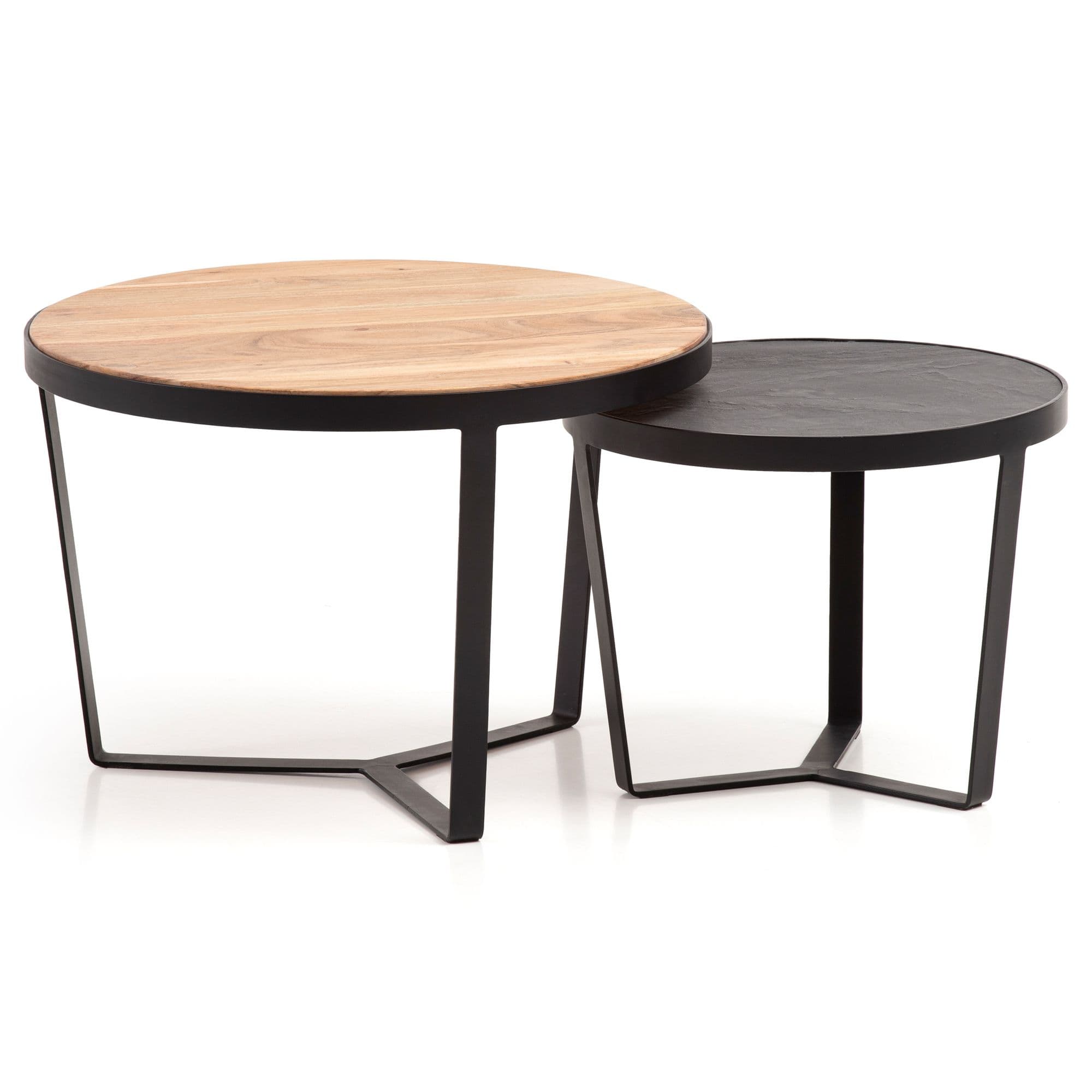 FineBuy Couchtisch 2er Set Akazie Massivholz / Steinoptik Wohnzimmertisch Rund, Satztisch mit Metallgestell, Kaffeetisch Modern, Sofatisch Verschachtelungstisch 2-teilig