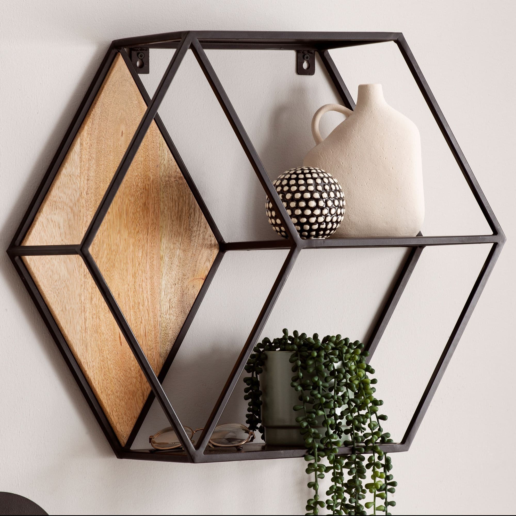 FineBuy Wandregal 60x52x20 cm Mango Massivholz / Metall Hängeregal Industrial, Design Schweberegal Sechseckig, Dekoregal Hängend Wabenform, Regal Wand mit 3 Ablagen