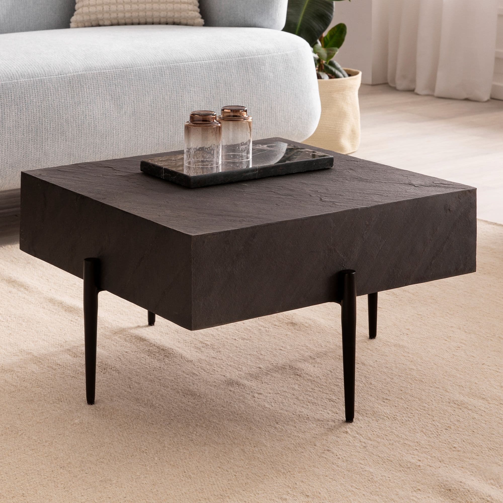 FineBuy Couchtisch 64x64x35 cm Steinoptik / Metall Sofatisch Anthrazit Quadratisch, Design Wohnzimmertisch Kaffeetisch Massiv, Tisch Wohnzimmer Modern