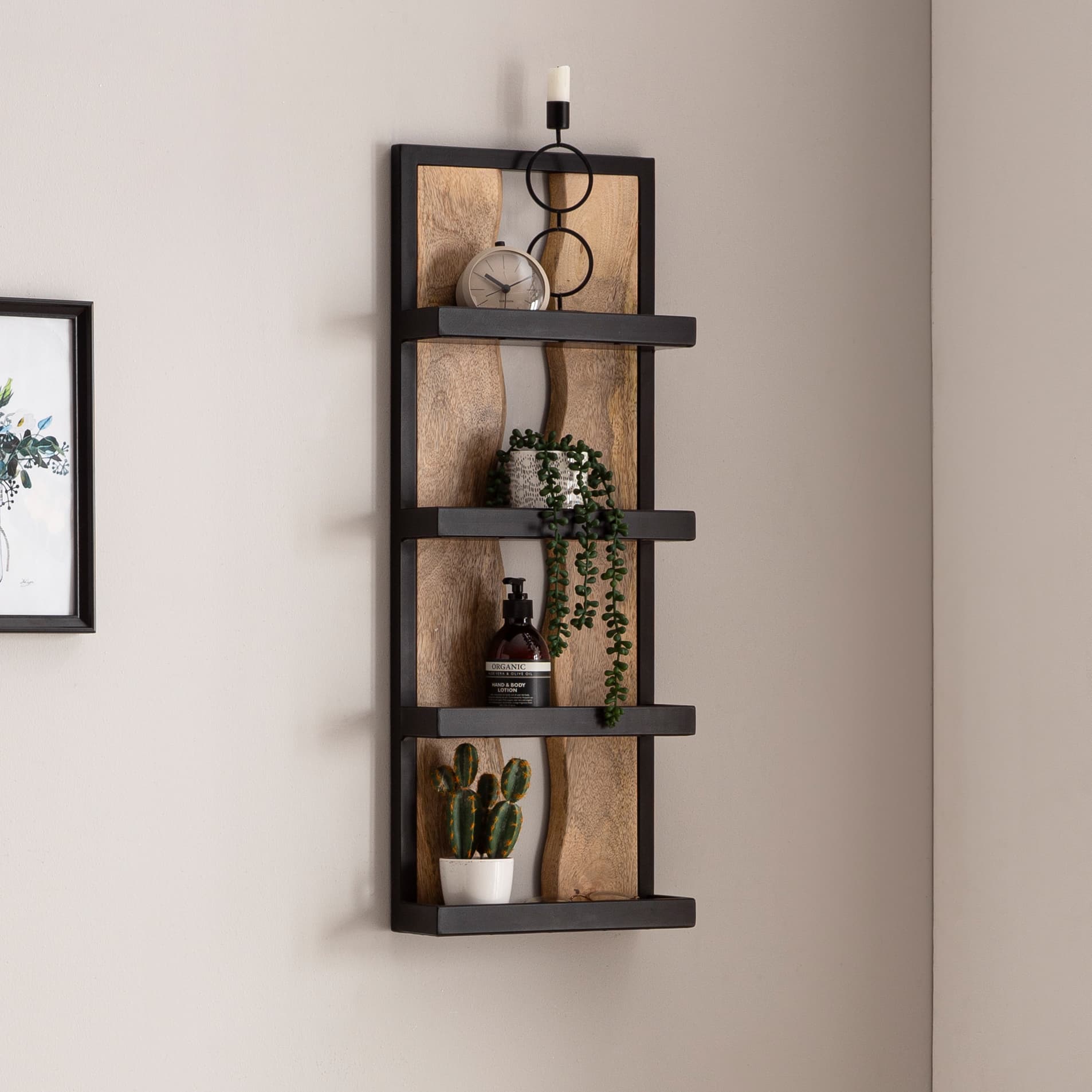 FineBuy Wandregal 30x80x10 cm Mango Massivholz / Metall Hängeregal Industrial, Design Schweberegal Rechteckig, Regal Hängend Wohnzimmer, Holzregal Wand mit 4 Ablagen & Wellenmuster
