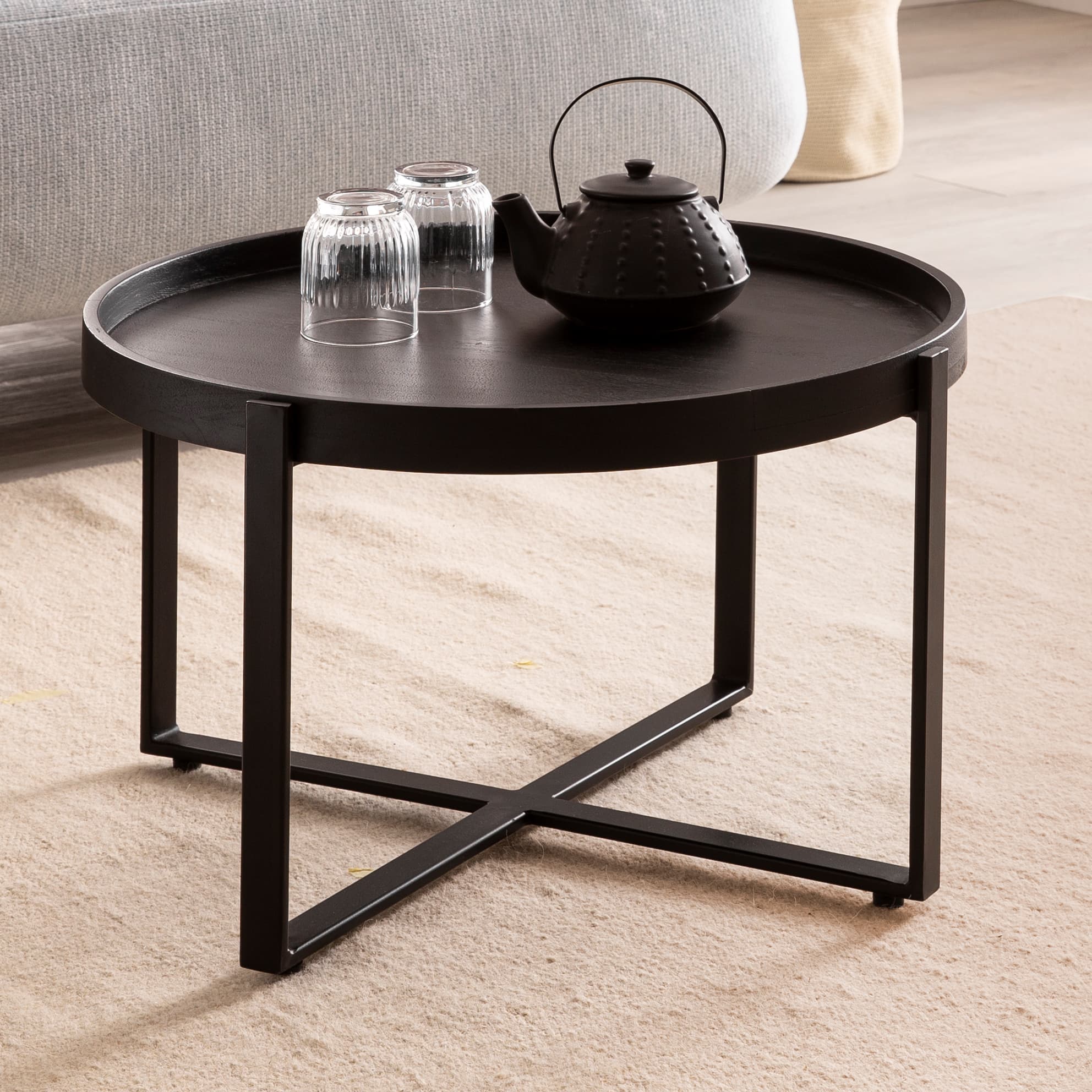 FineBuy Couchtisch Mango Massivholz rund Ø 60 cm Schwarz · Wohnzimmertisch mit Metallgestell · Handgefertigter Sofatisch im Industrial Japandi Design