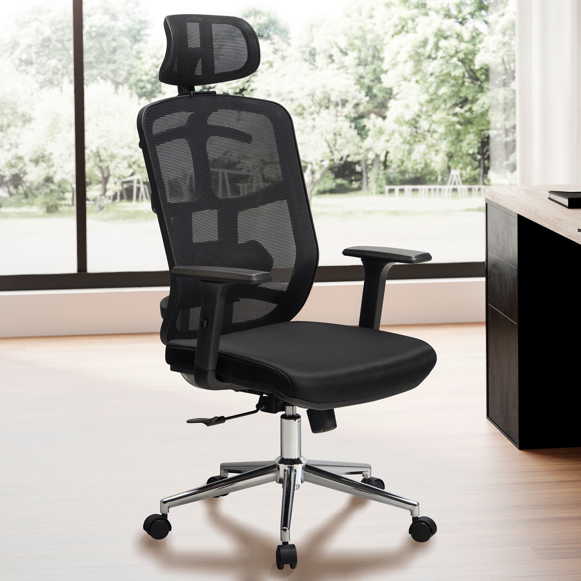 FineBuy Bürostuhl Schwarz Mesh-Bezug Schreibtischstuhl bis 120 kg mit Kopfstütze, Drehstuhl höhenverstellbar mit Lendenwirbelstütze, Stoff-Schreibtischsessel ergonomisch mit Wippfunktion