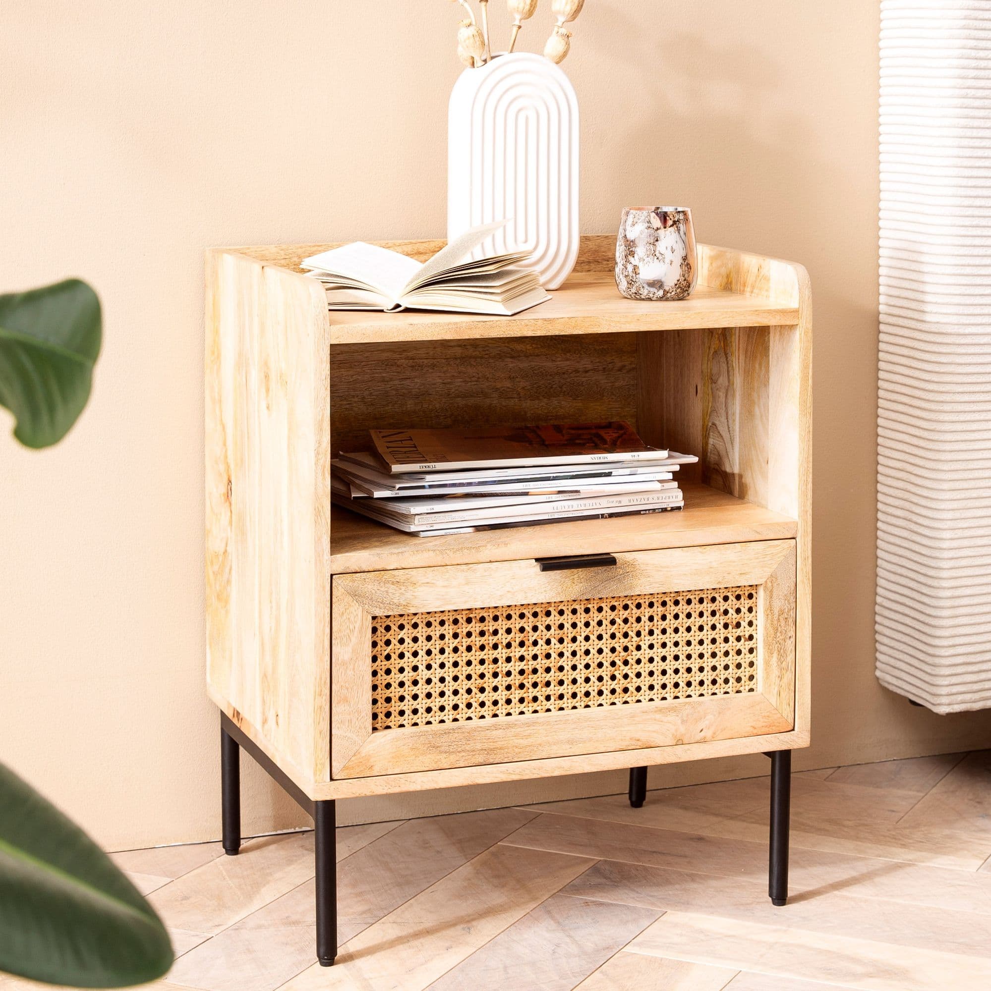 FineBuy Nachtkonsole Mango Massivholz Rattan – Nachttisch im Boho Natur Design mit Schublade & offener Ablage, Nachtkästchen ideal für Boxspringbetten – Wiener Geflecht 50x60x40 cm