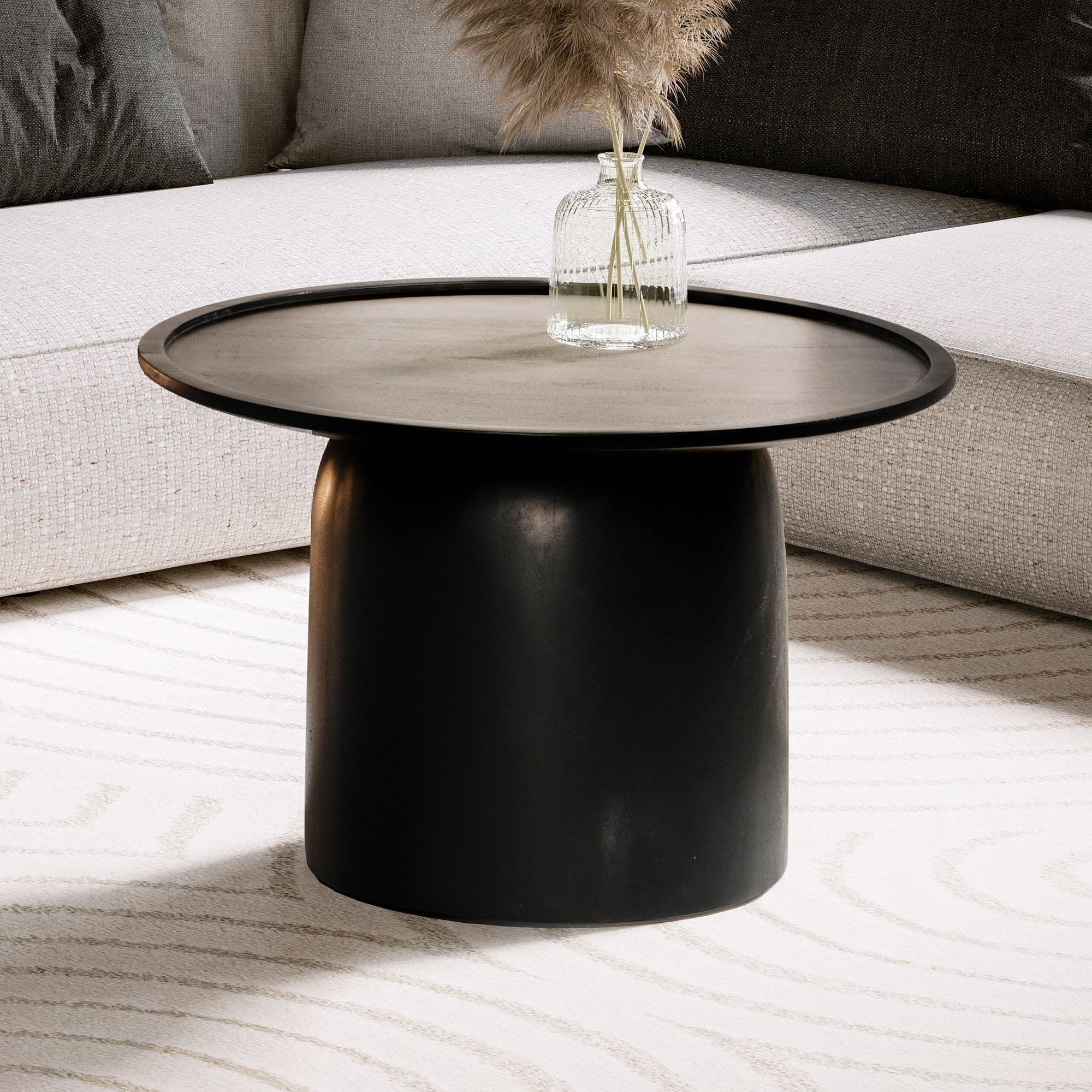 FineBuy Couchtisch Mango Massivholz rund Ø 60 cm · Schwarzer Wohnzimmertisch im modernen Design · Handgefertigter Sofatisch mit Tonnen Fuß