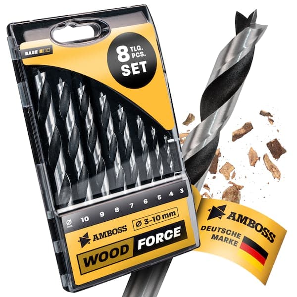 8-tlg. HCS-G Holzbohrer-Set Wood Force - 3.4.5.6.7.8.9.10 mm - geschliffener HSS-Holzspiralbohrer