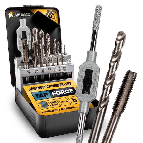 HSS Gewindeschneider Set M3-M12 mit Bohrern - Amboss Werkzeuge Tap Force - Komplettset für metrische Gewinde