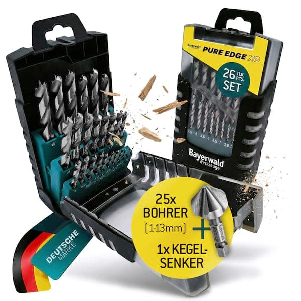HSS Bohrer Pure Edge XC 26-tlg. Set 1-13 mm Bayerwald Werkzeuge - Xtra Clean mit Brad Point Zentrierspitze & Kegelsenker