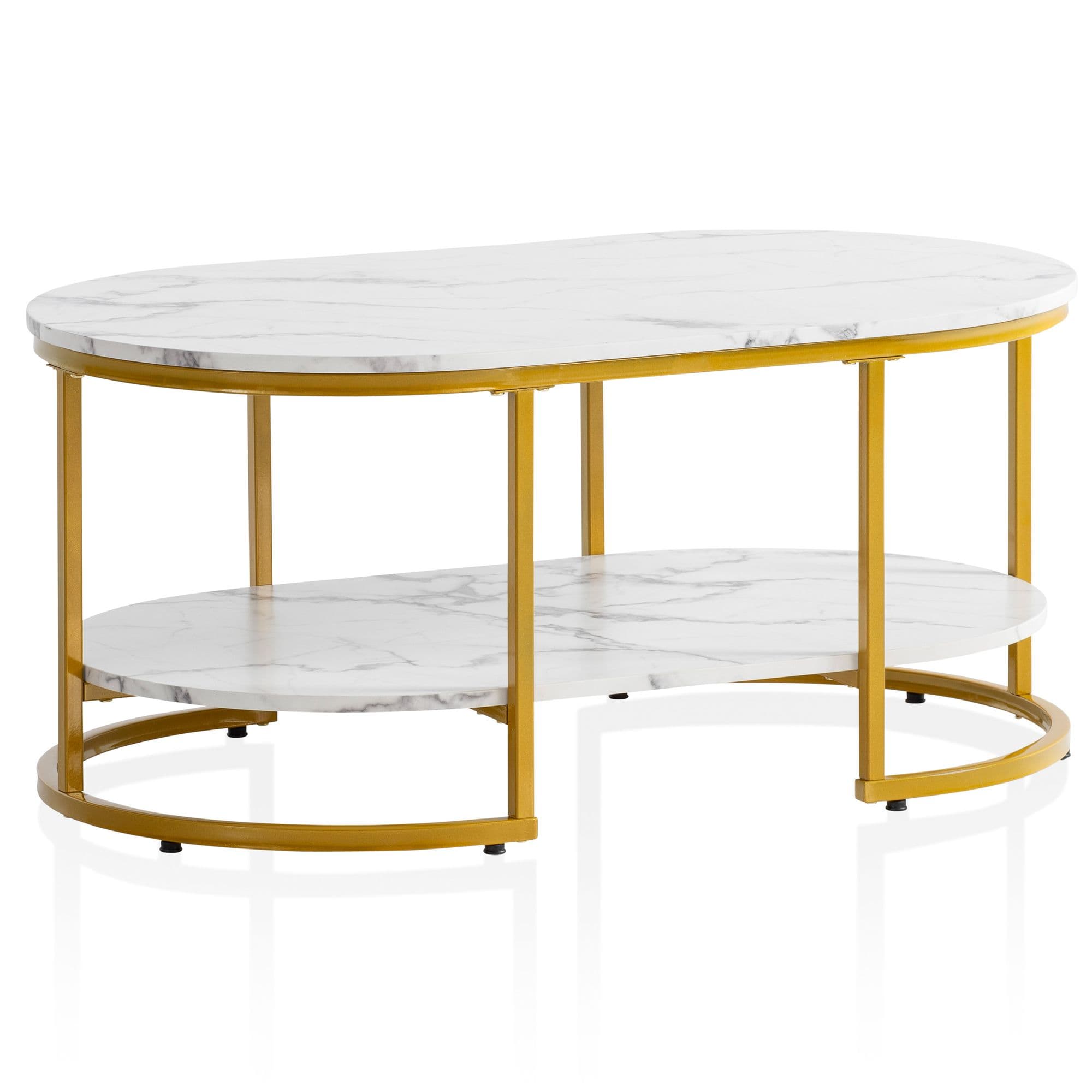 FineBuy Couchtisch 100x60x45 cm Marmor Optik, Design Wohnzimmertisch Rechteckig, Lounge Sofatisch mit Ablage, Kaffeetisch Modern mit goldenem Metallgestell