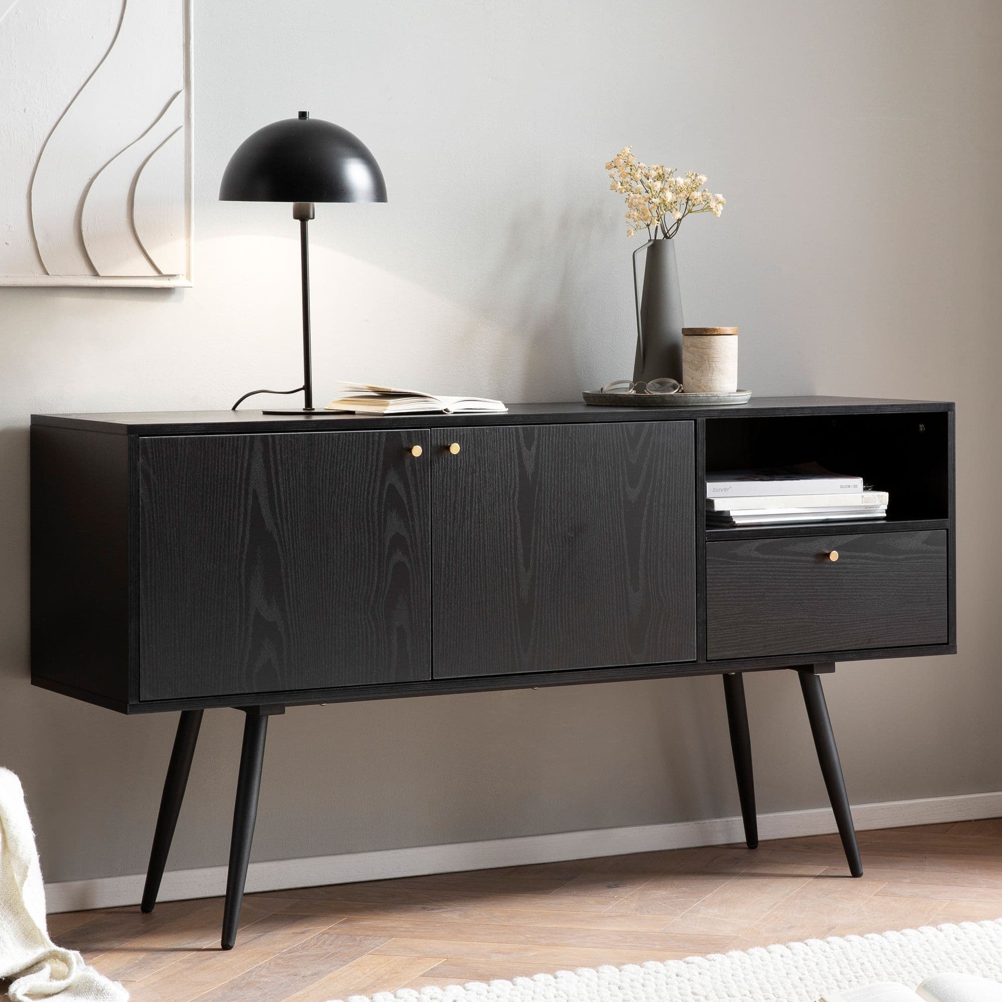 FineBuy Sideboard 140x75x40 cm Kommode Schwarz mit Eiche-Dekor Zeitlos, Hoher Kommodenschrank, Standschrank Wohnzimmer mit 2 Türen und Schublade, Anrichte mit offenem Fach