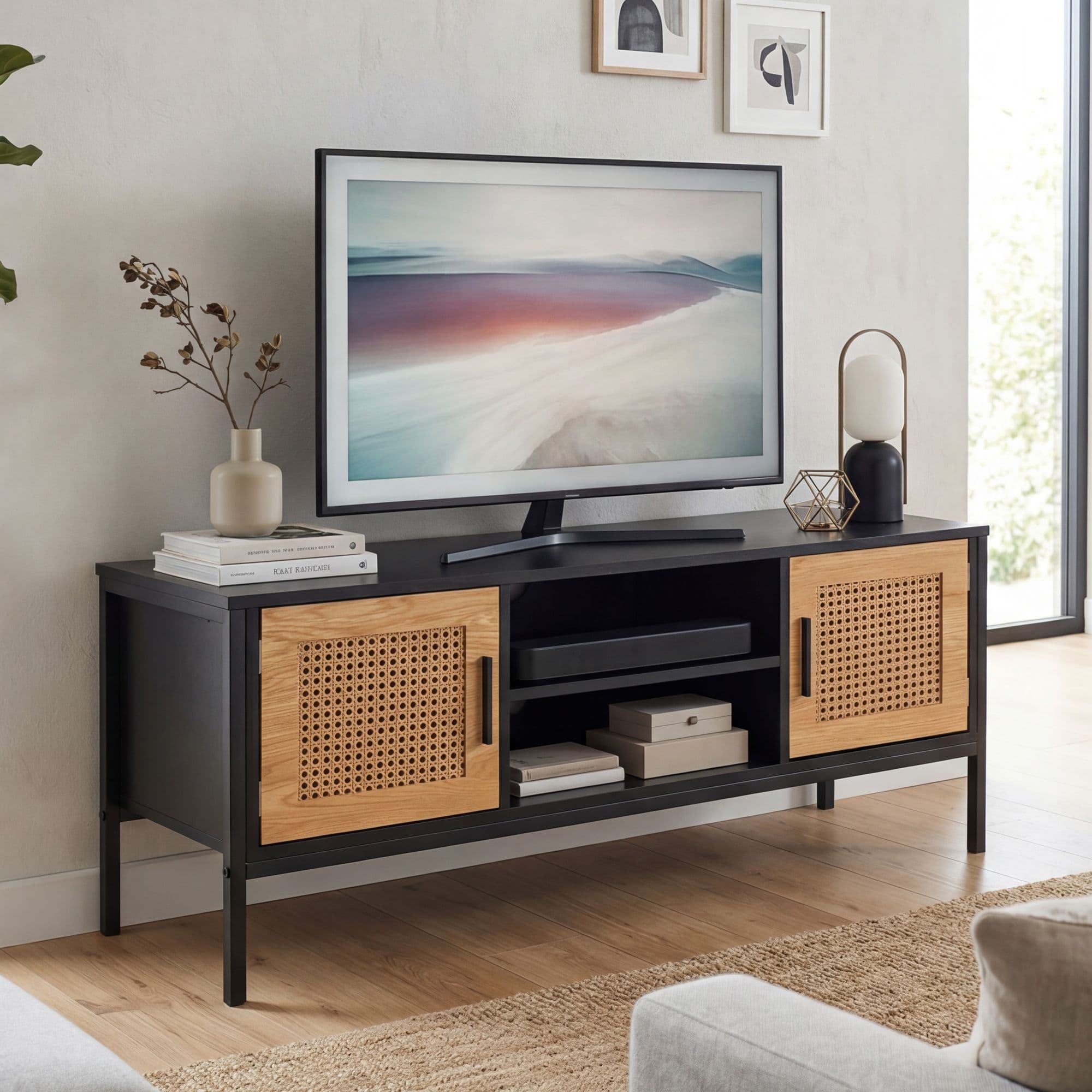 FineBuy Lowboard Schwarz / Eiche mit Wiener Geflecht 110x48x40 cm TV-Kommode Zeitlos, Design TV-Schrank Hoch, Fernsehtisch Fernsehschrank mit Türen, Fernsehkommode Wohnzimmer Rattan
