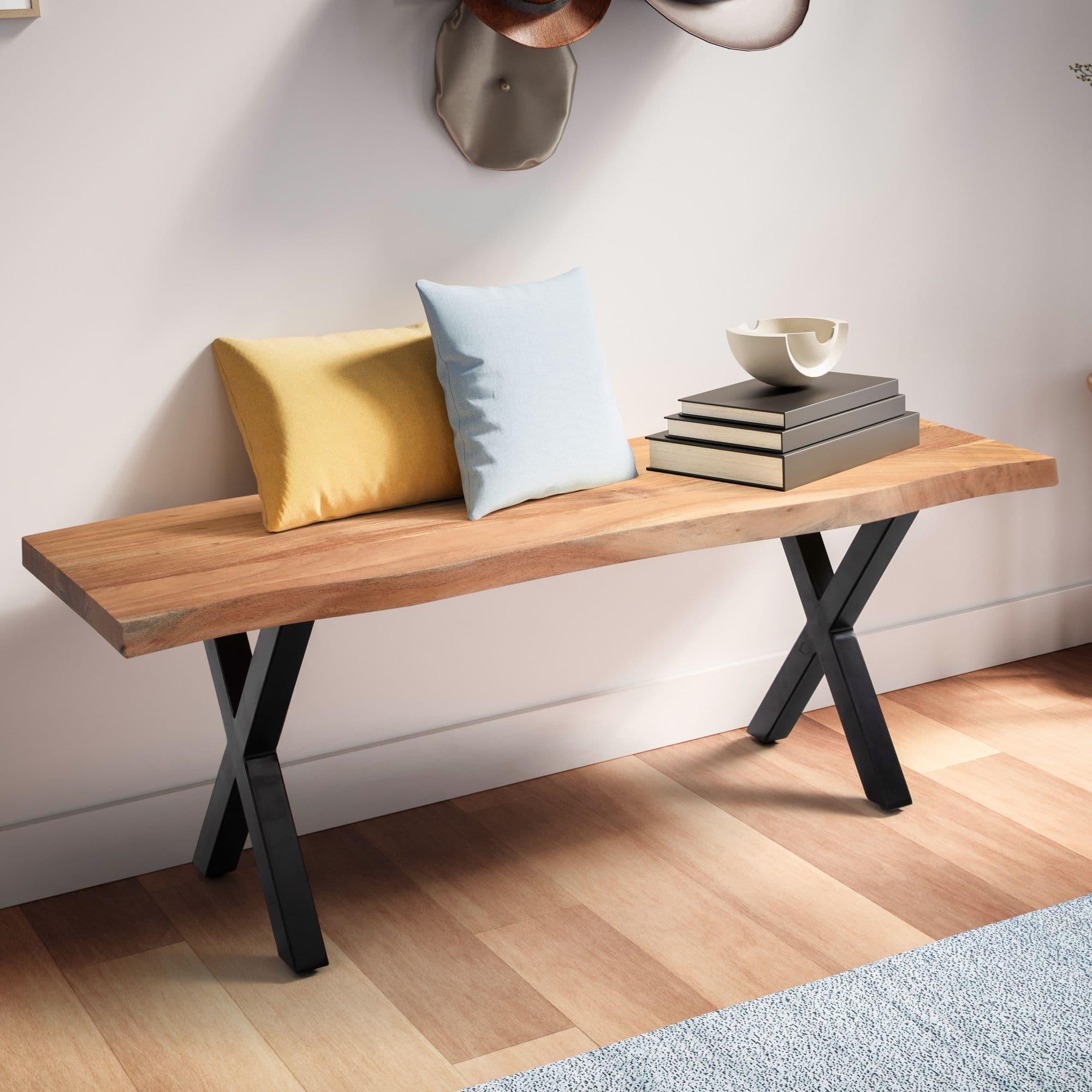 FineBuy Sitzbank 120 cm Massivholz ohne Lehne Baumkante Akazie - Bank für Garderobe - Garderobenbank - Flurbank Holzbank X- Gestell Schwarz