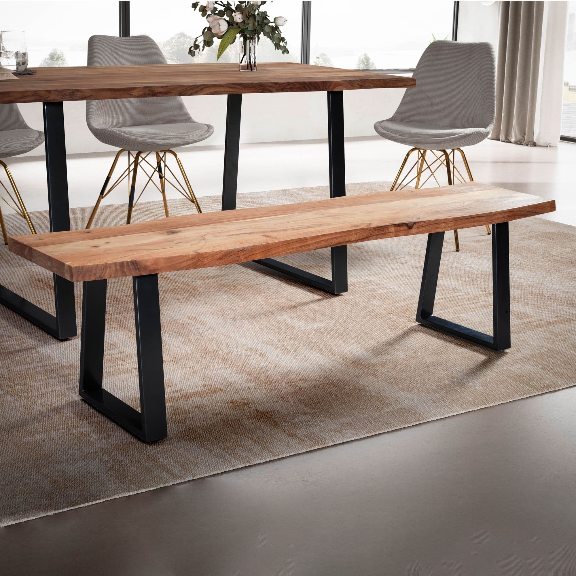 FineBuy Esszimmerbank 180x40x45,5 cm Akazie Massivholz / Metall mit Baumkante, Esstischbank Holzbank Massiv ohne Lehne, Küchenbank Essbank Modern, Sitzbank Esszimmer Groß