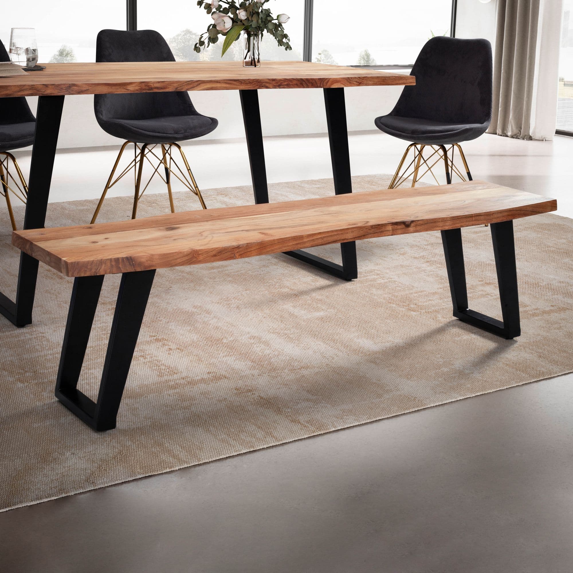 FineBuy Esszimmerbank 180x40x45,5 cm Akazie Massivholz / Metall mit Baumkante, Esstischbank Modern, Holzbank Massiv ohne Lehne, Küchenbank Essbank mit U-Beinen, Sitzbank Esszimmer Groß