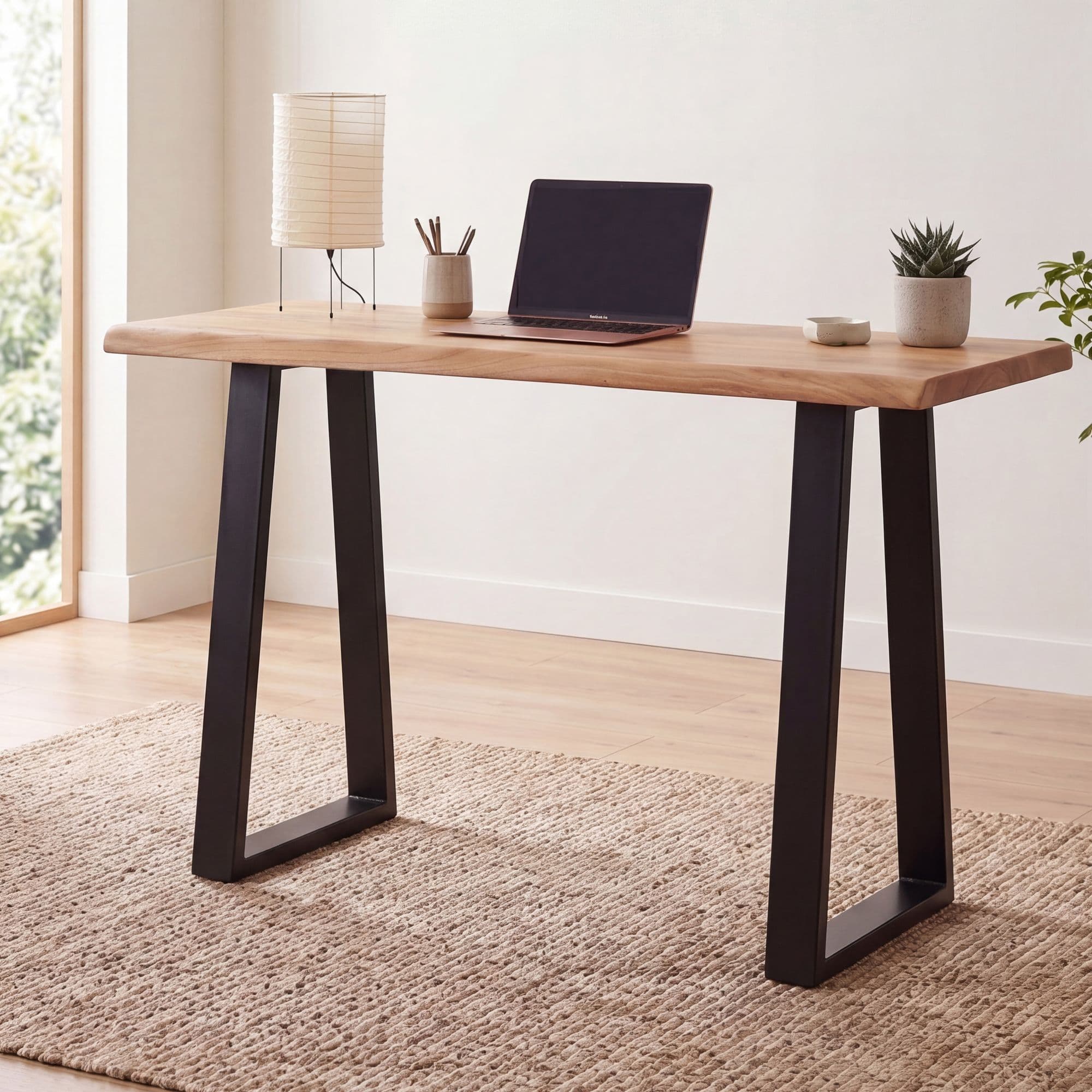 FineBuy Schreibtisch 118x41x76,5 cm Akazie Massivholz / Metall Computertisch Baumkante, Homeoffice Bürotisch Massiv Schmal, Holztisch Laptoptisch Arbeitszimmer